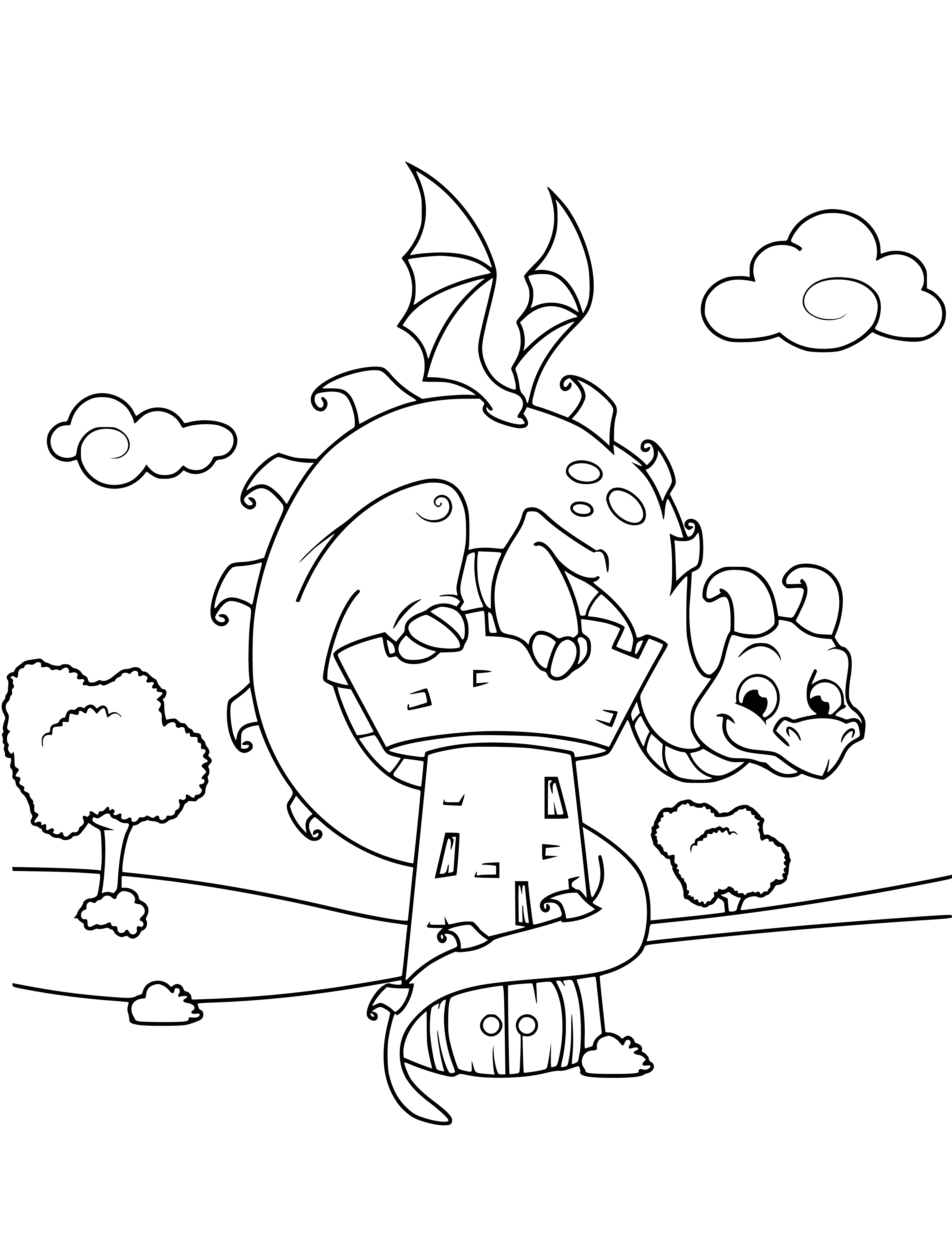 coloring page: Mythical dragon sits on castle, guarding it with fiery power - a coloring page perfect for dragon fans!