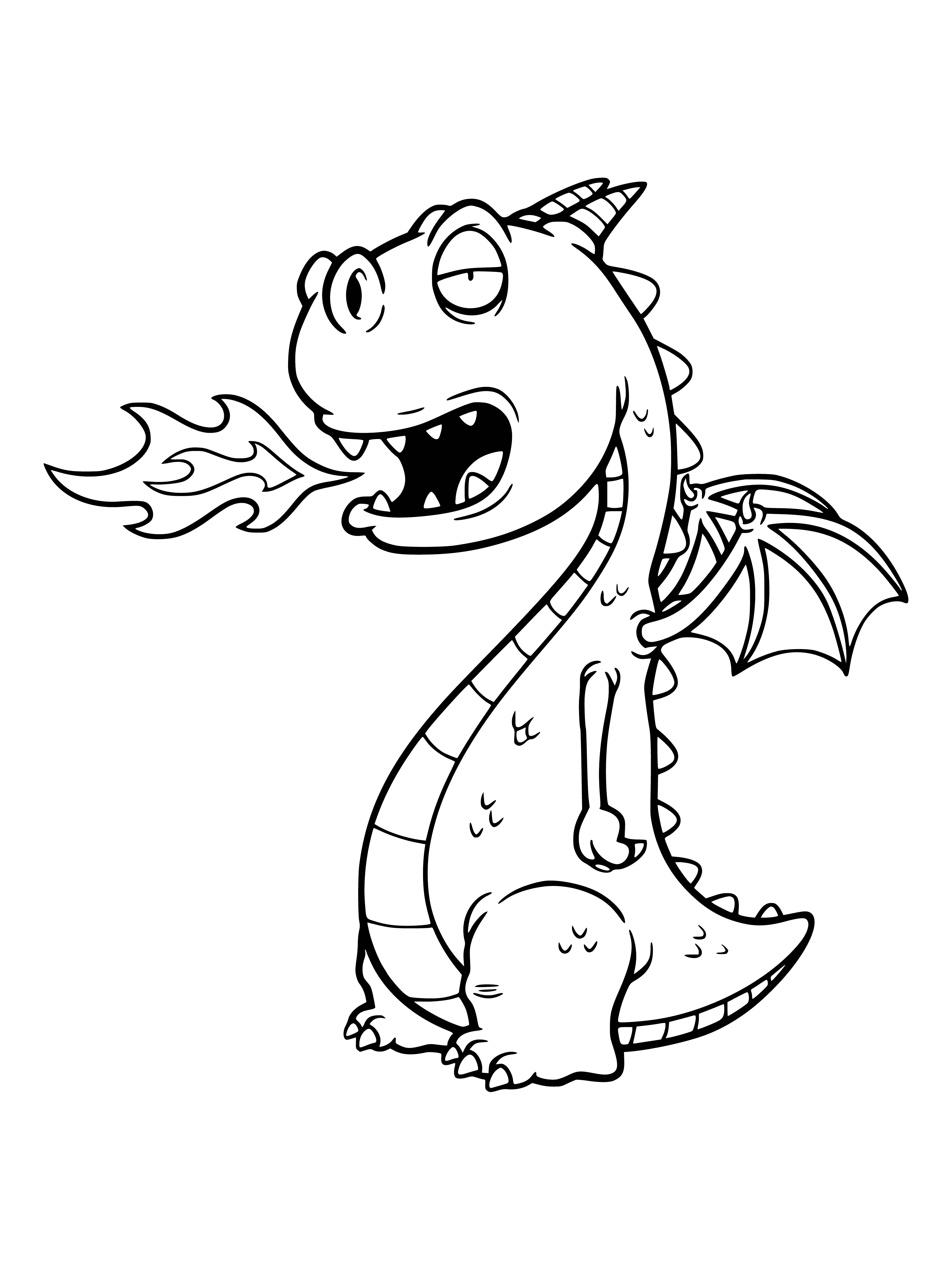 coloring page: Angry dragon with fiery scales, spikes and smoke spewing from its mouth and nose.