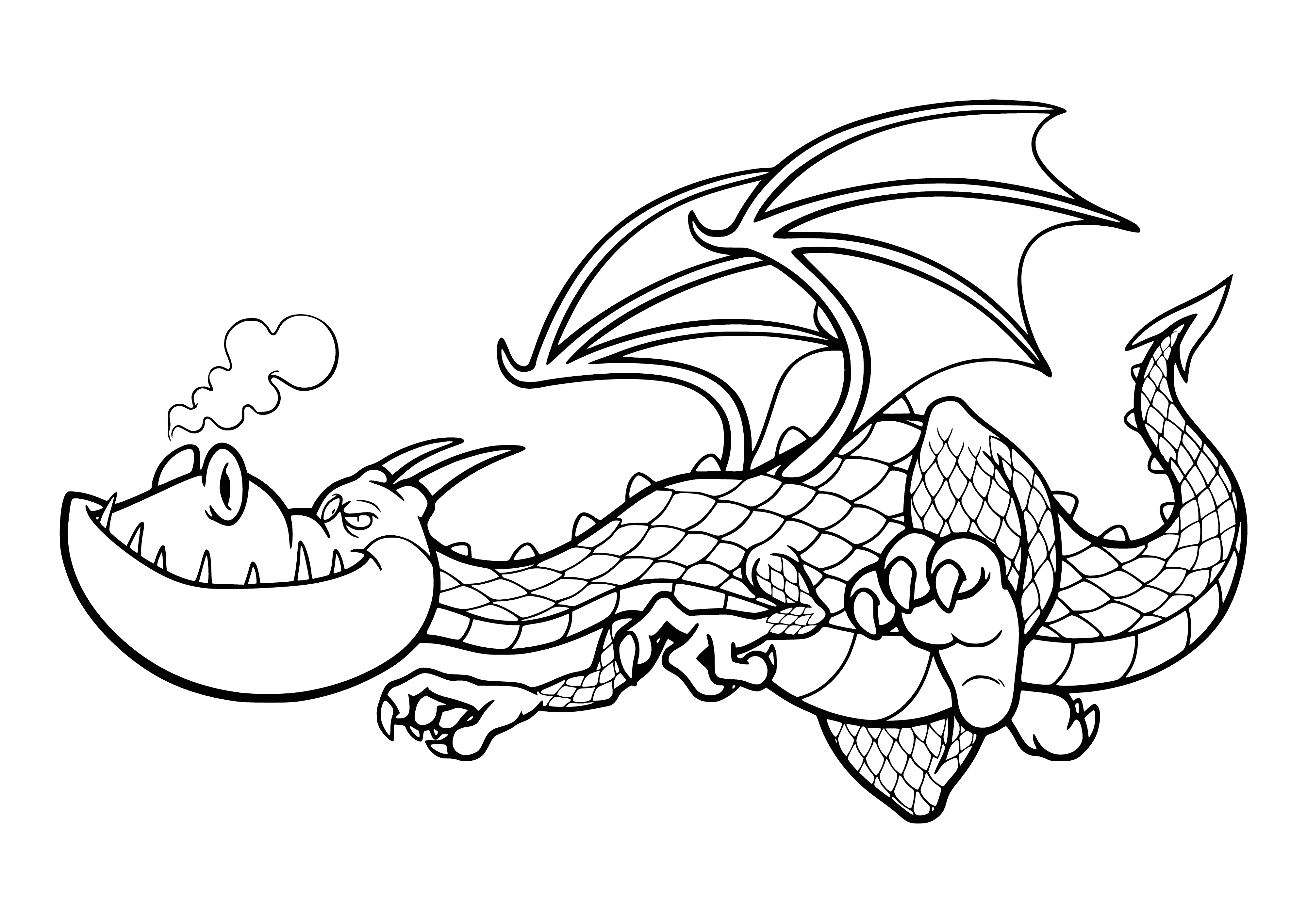 coloring page: Dragon sleeping peacefully, its scales a rainbow of colors. Its wings folded, its tail wrapped tight, danger lurking beneath its calm.