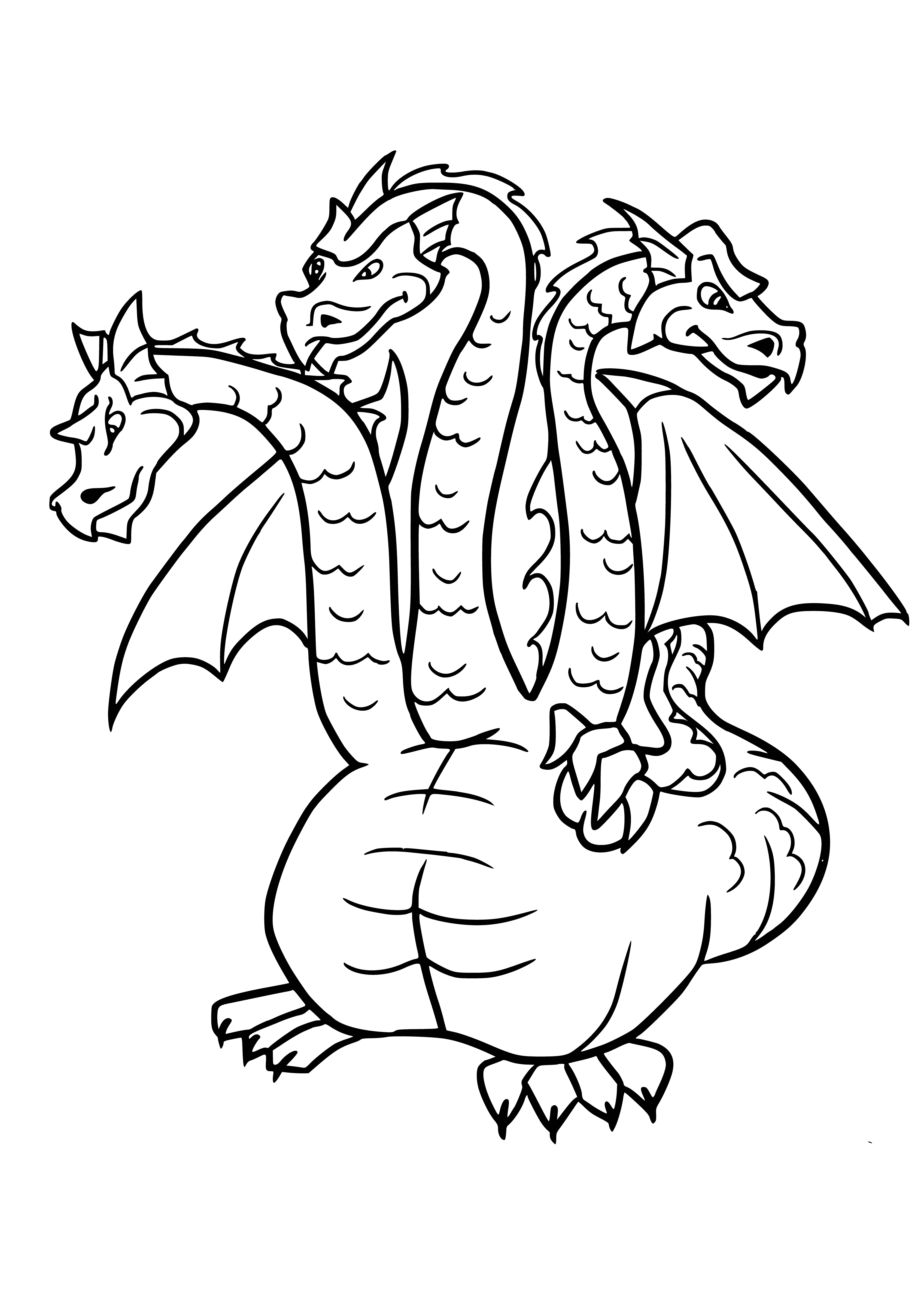 coloring page: Three-headed dragon w/ sharpened teeth, deep red body & black scales, large leathery wings & long, sharp tail.