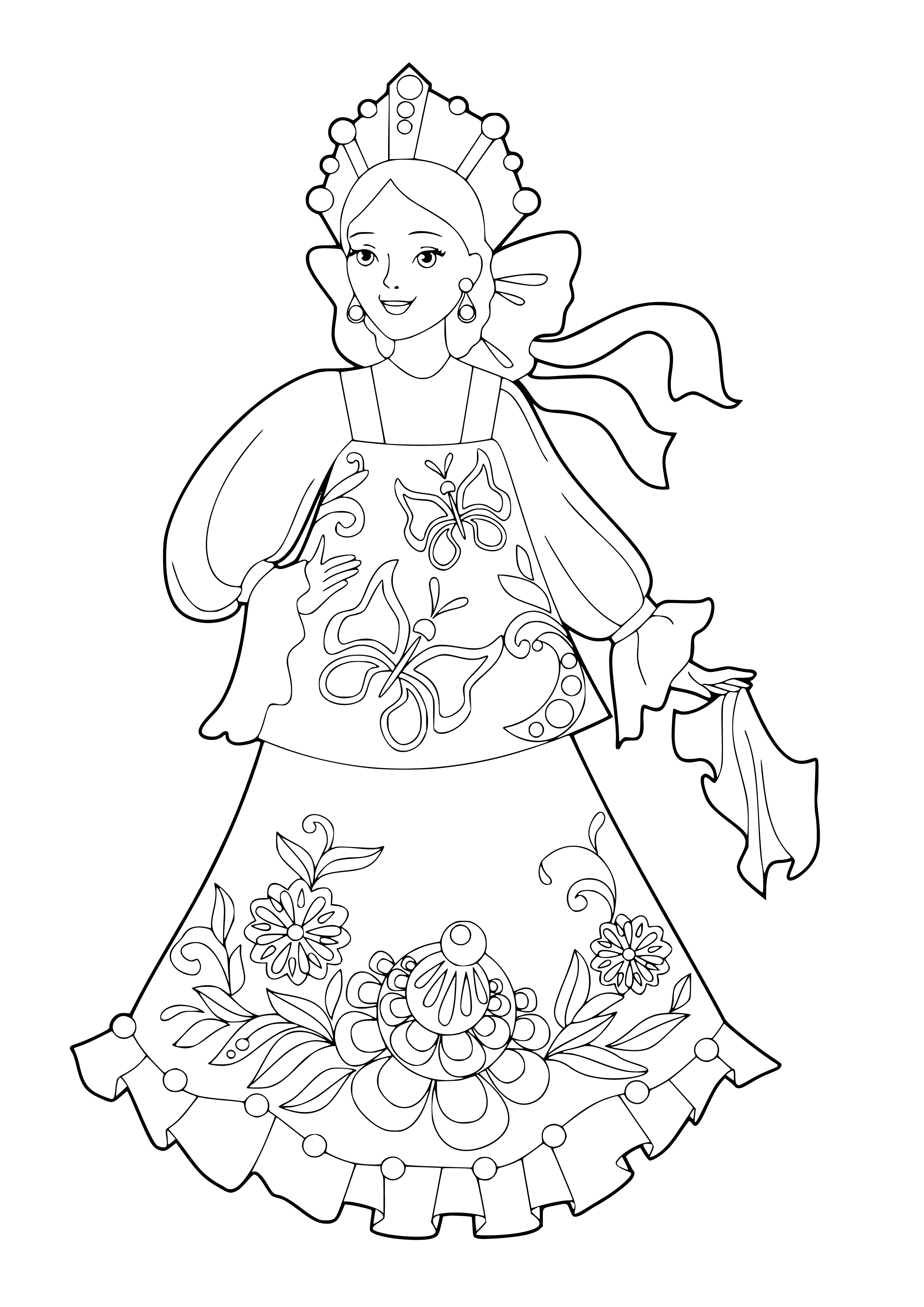 coloring page: Girl in Russian dress stands in sunlight with a red rose, wearing a white dress and blue scarf.