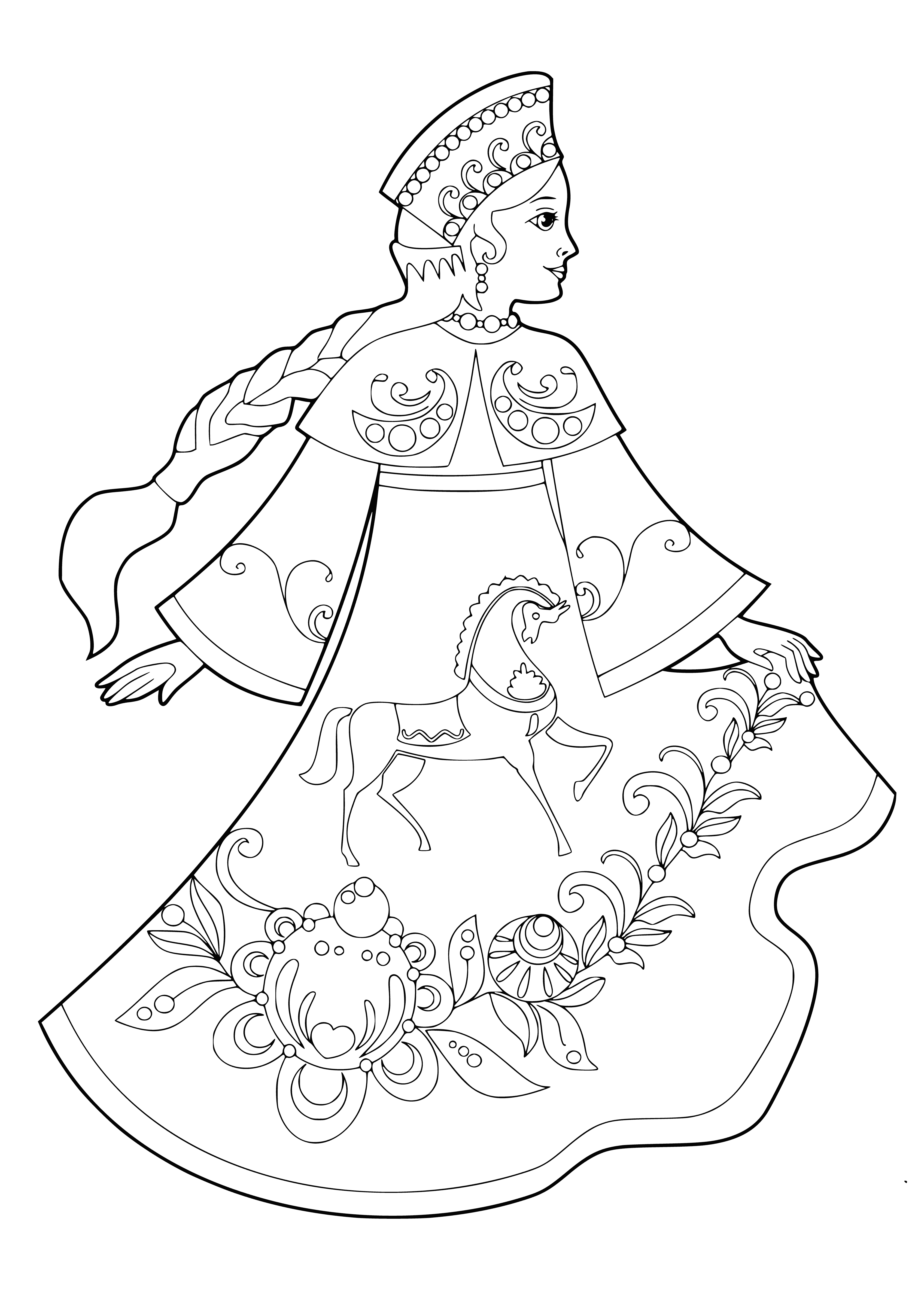 coloring page: Russian beauties w/ long, flowing hair & bright eyes look fun to be around; perfect for coloring page.