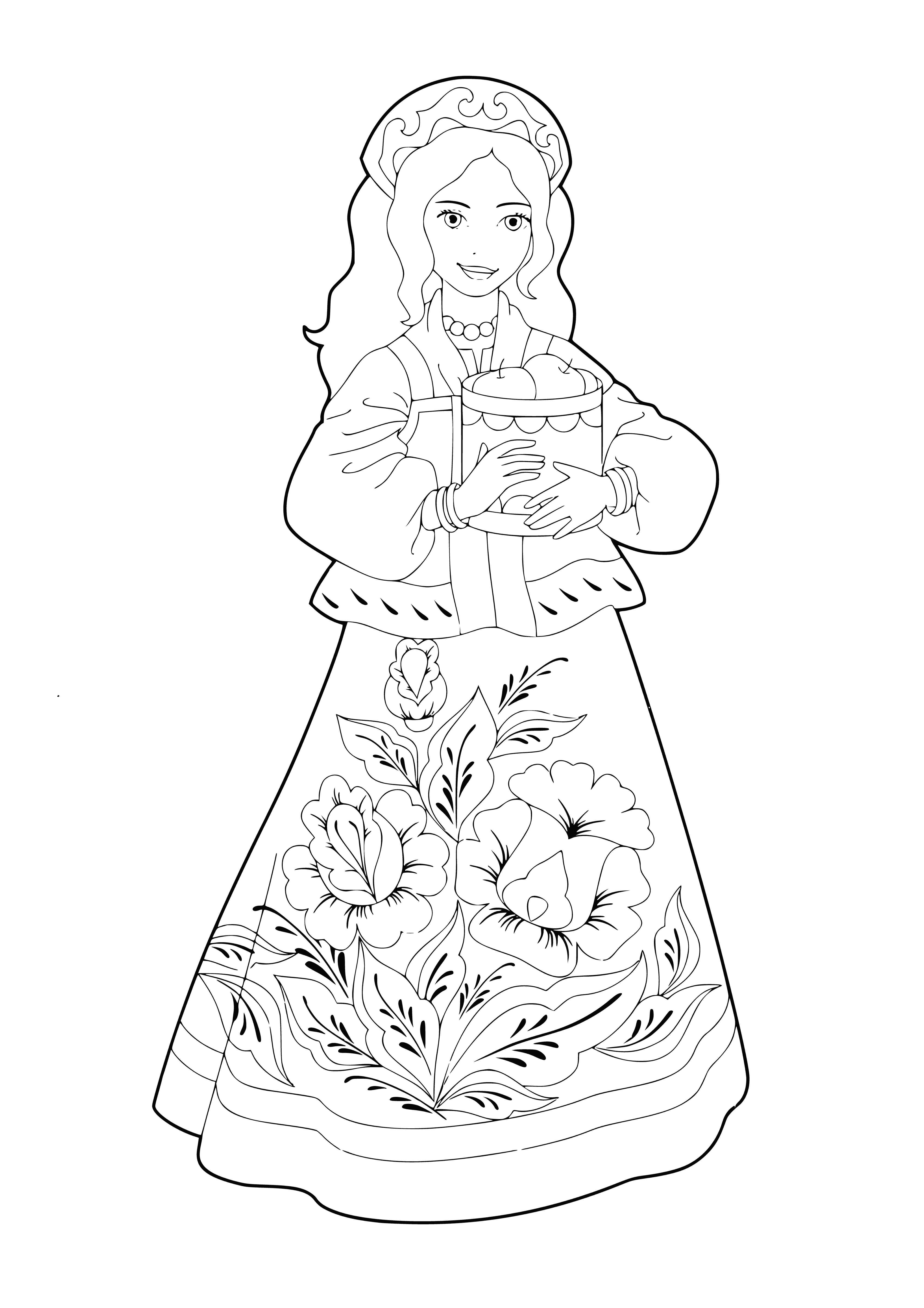 coloring page: Three Russian beauties wearing dresses and heels, two with blonde hair, one with brunette smiling happily.