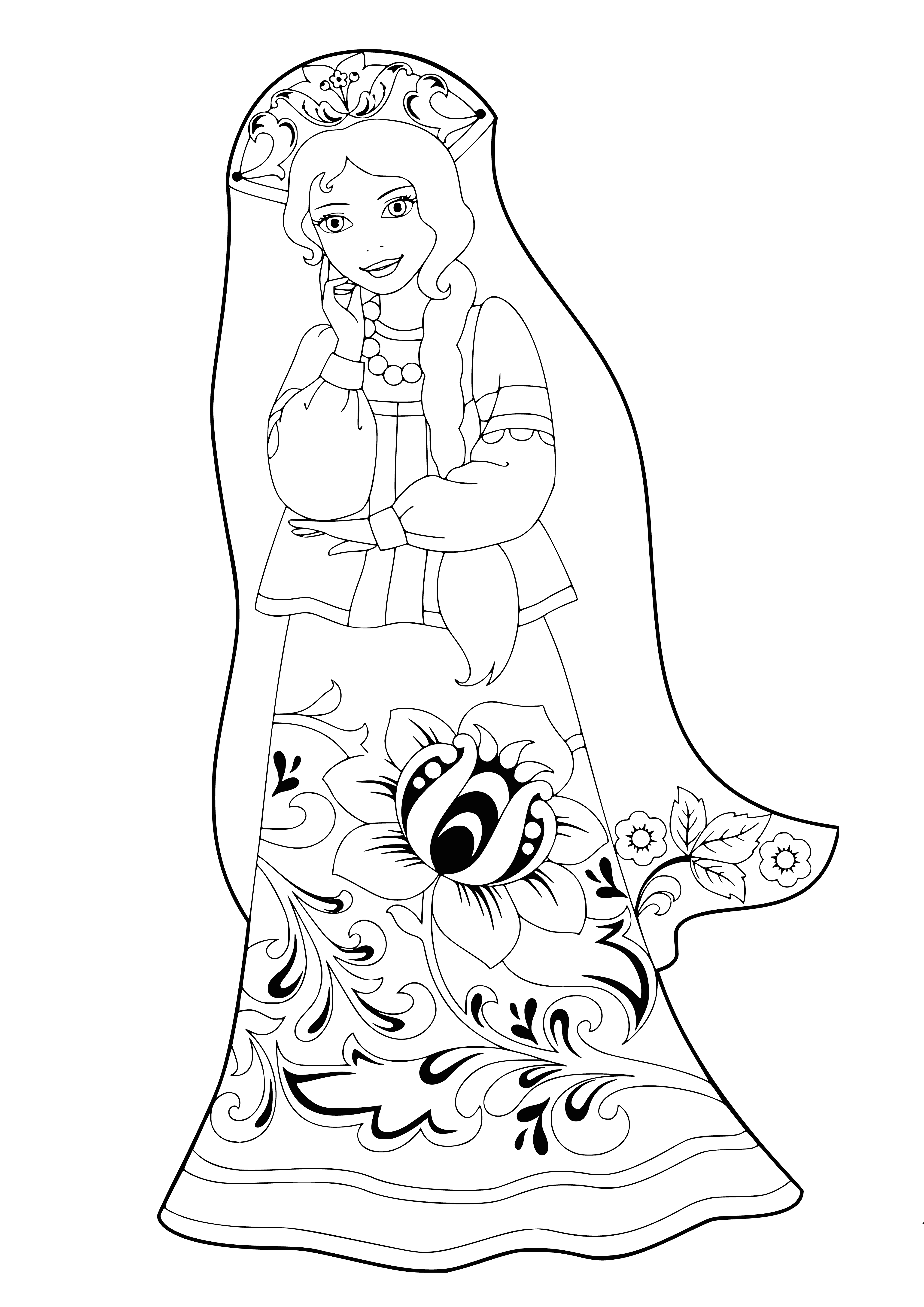 coloring page: 3 Russian beauties in elegant dresses, happy & ready for a great time!