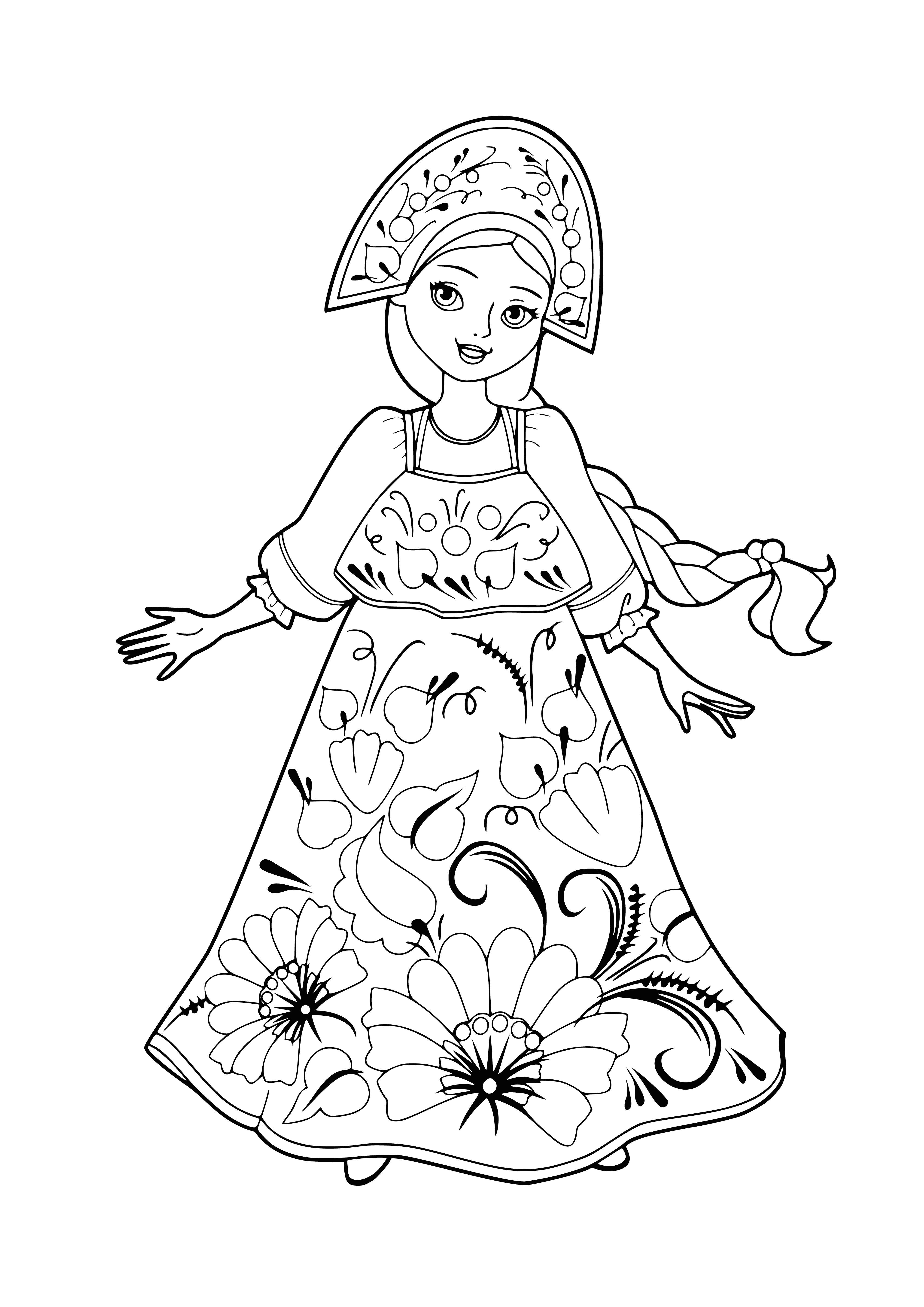 coloring page: Three beauties in traditional Russian kokoshnik headdresses in front of a floral background. Colors, sashes, and hair/eye variations.