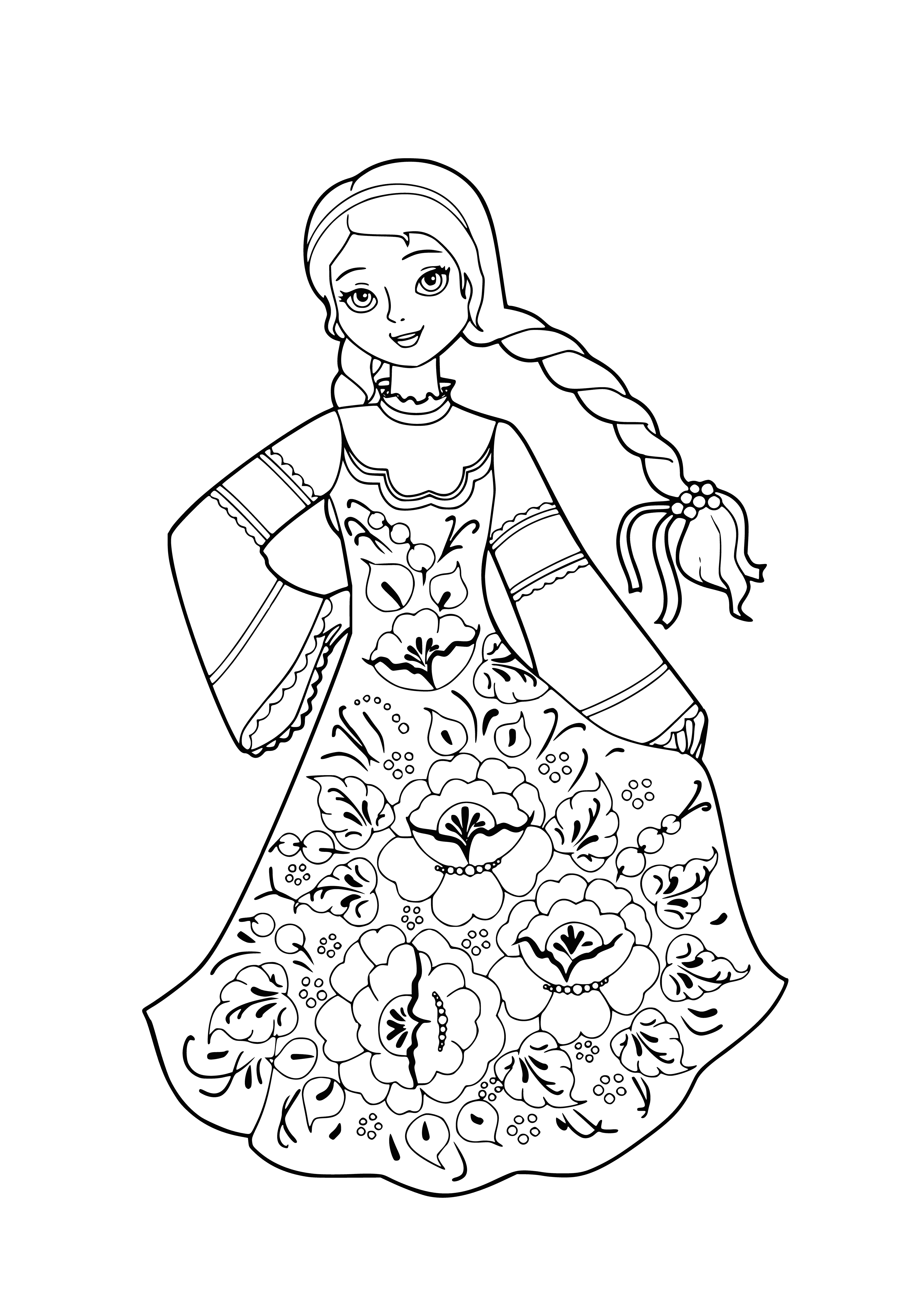 coloring page: Three Russian beauties in white dresses with black designs, each with unique look: veiled woman w/ long train, woman with umbrella, and woman with small cat.