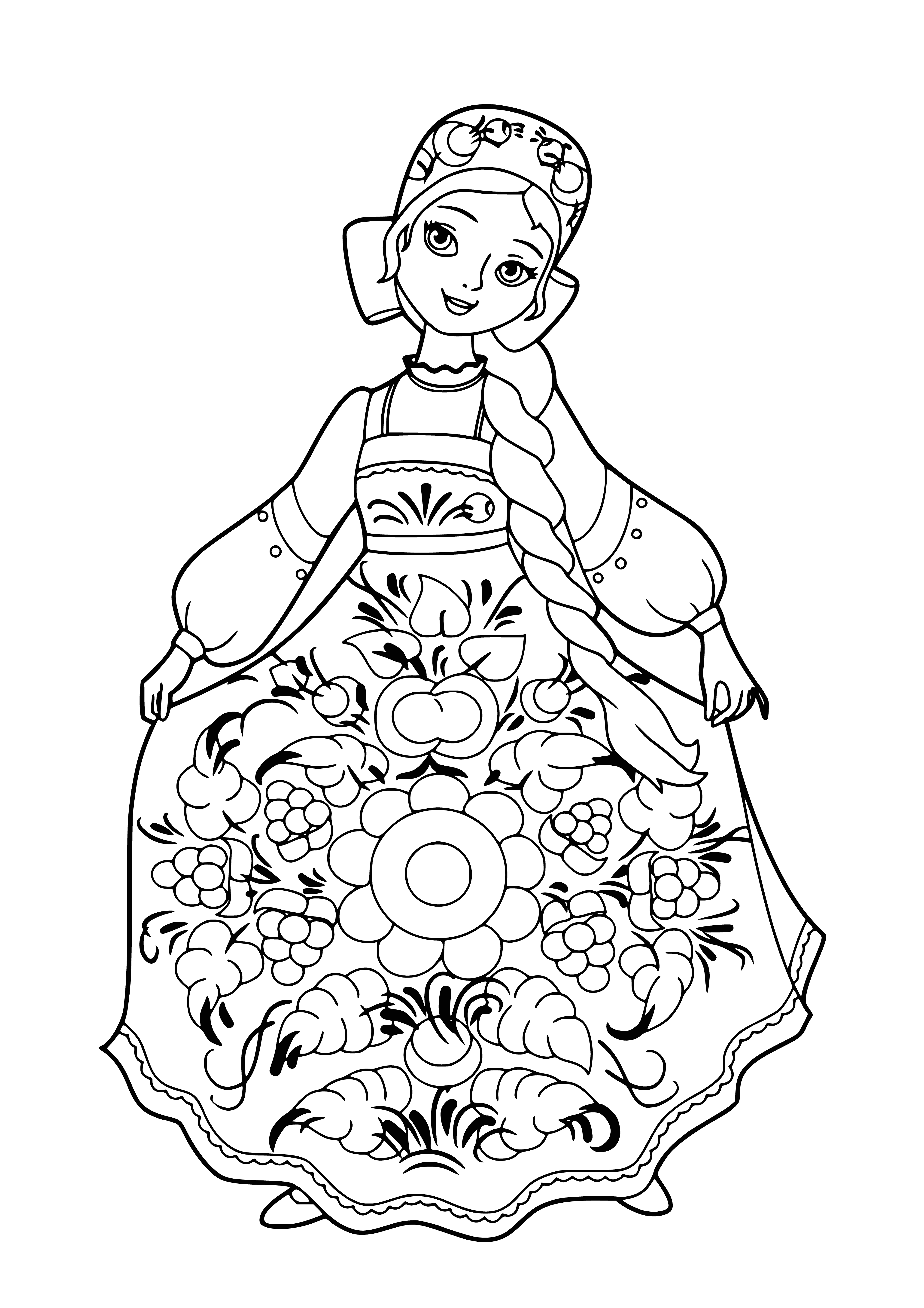 coloring page: She's chic in a long white dress, fur shawl, and red scarf; blonde hair in a bun, wearing earrings w/ red stone, and carrying a white bag.