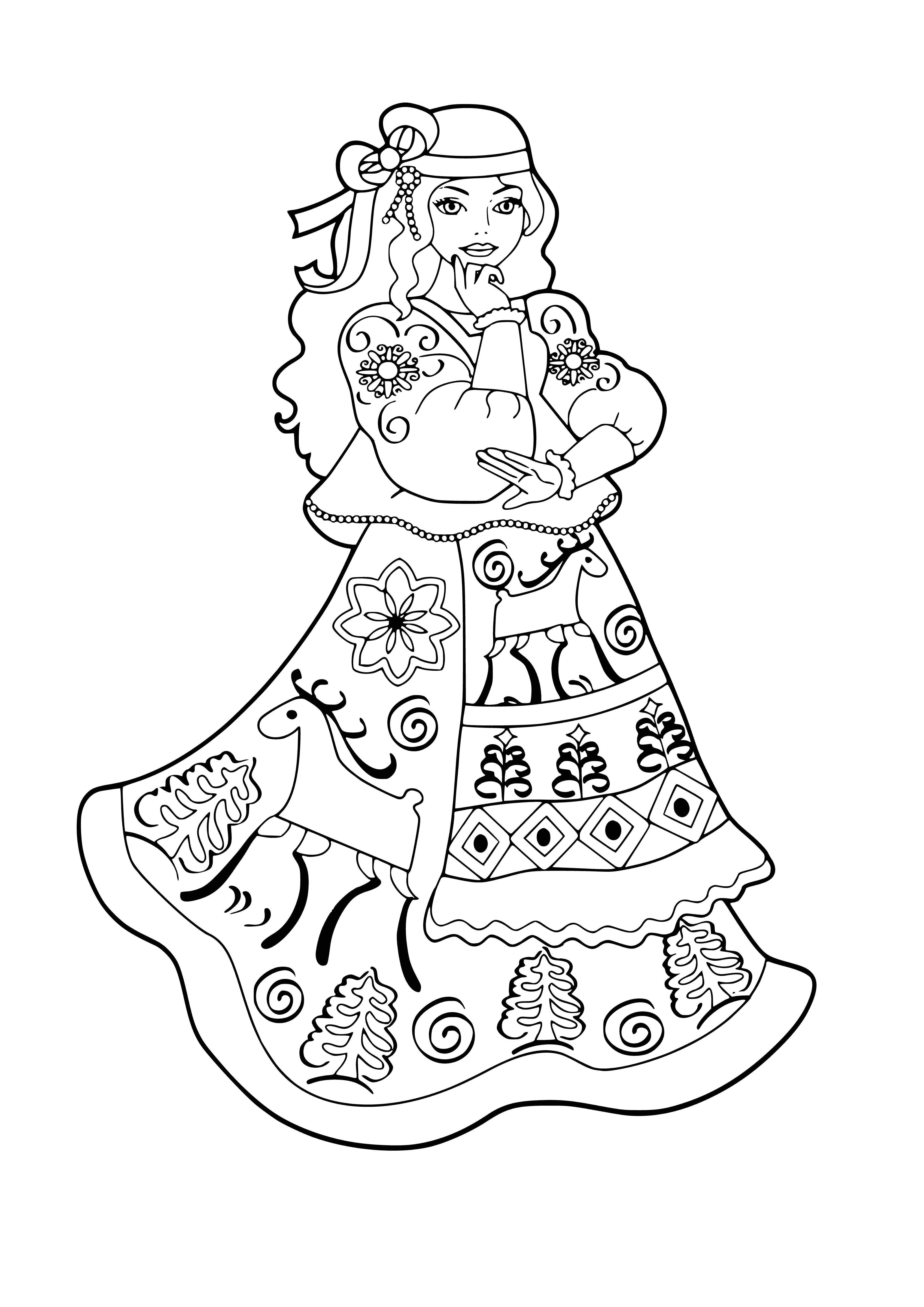 coloring page: 3 Russian beauties wearing white dresses, with oval faces, high cheekbones, dark eyes & full lips. Hair stylishly done, long necks & slender figures.