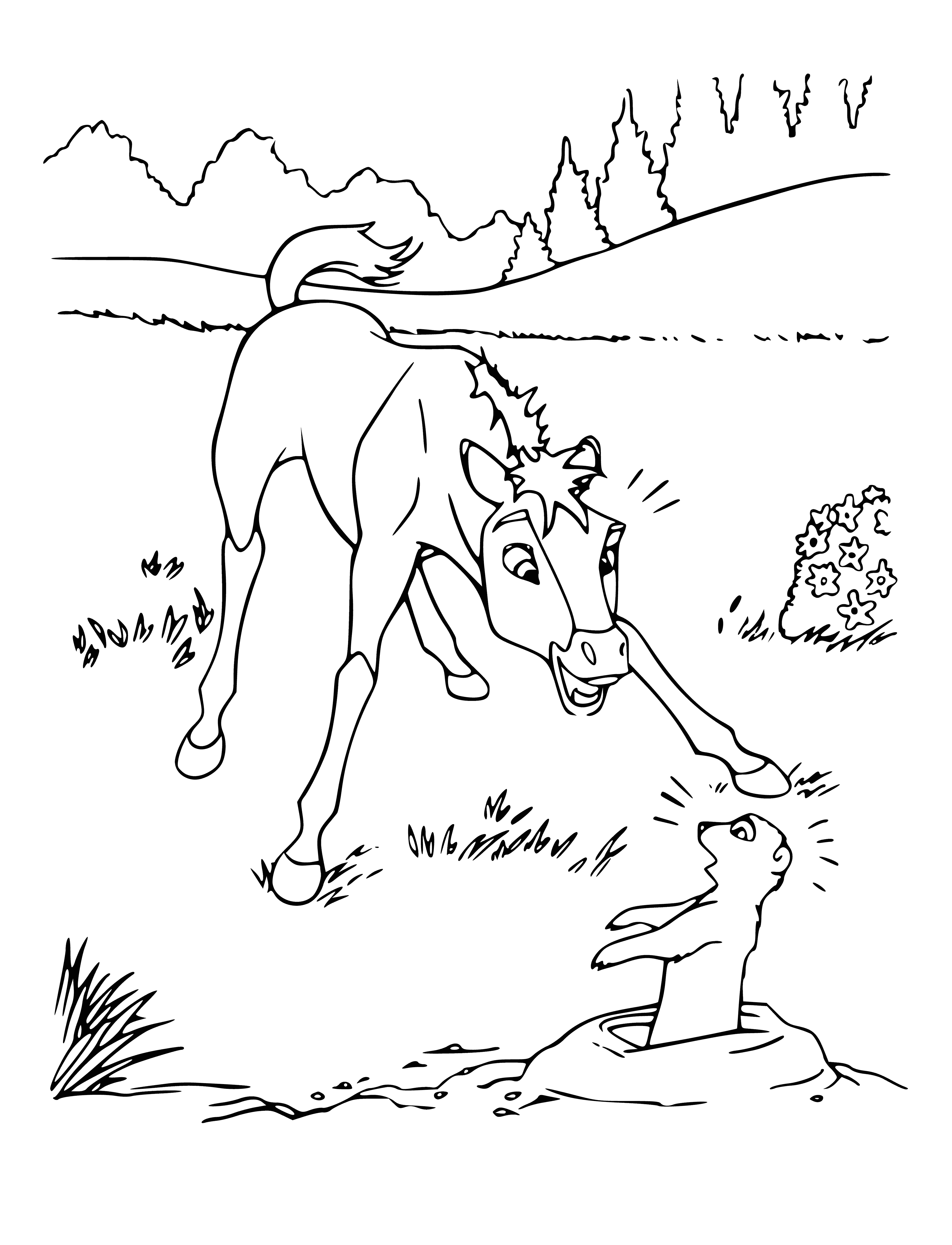 coloring page: A gopher touches the head of a foal lying on the ground.