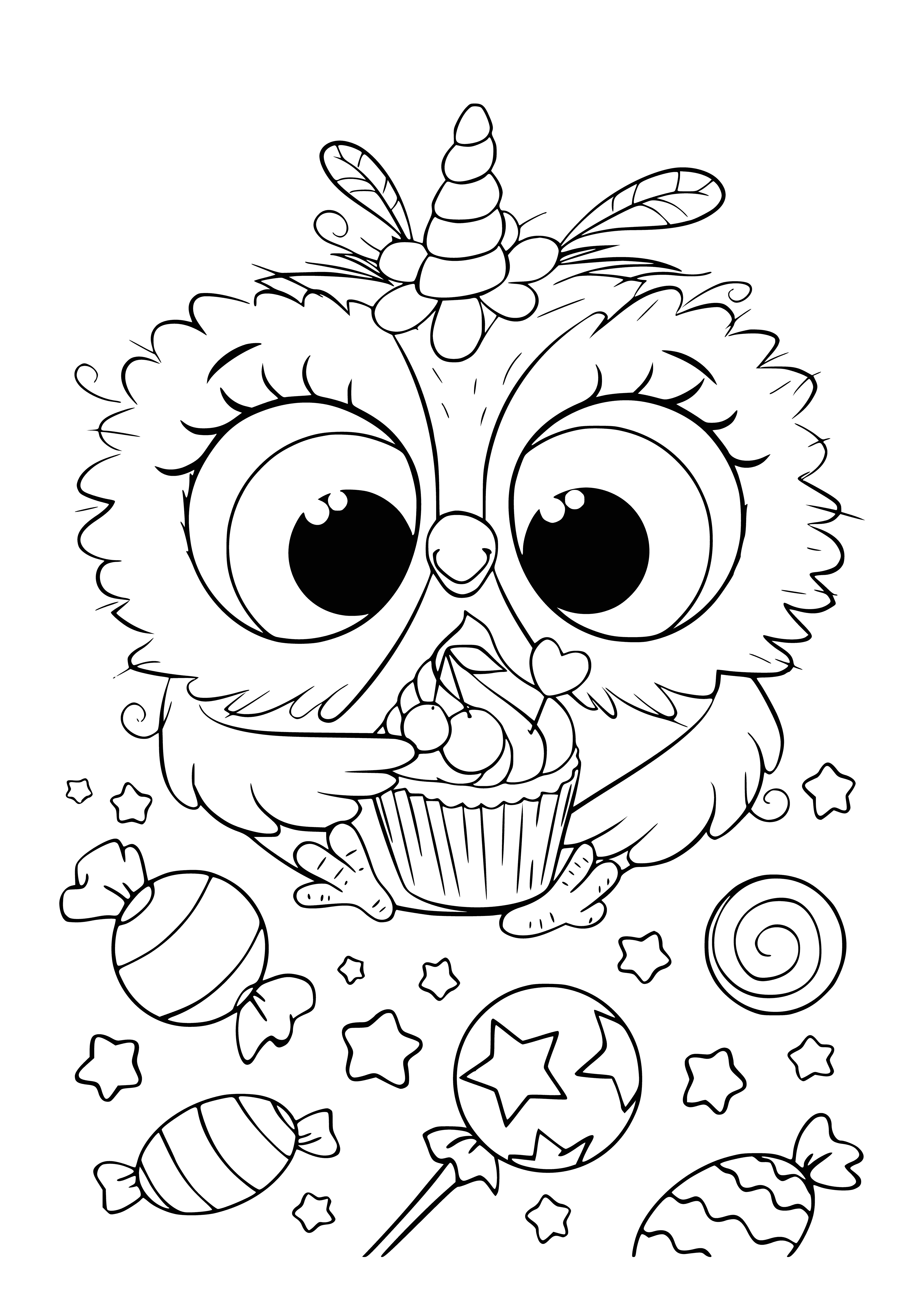 coloring page: Cute owlet sits on a branch with plate of yummy cupcakes, macarons, hearts & stars-all drawn for coloring fun!