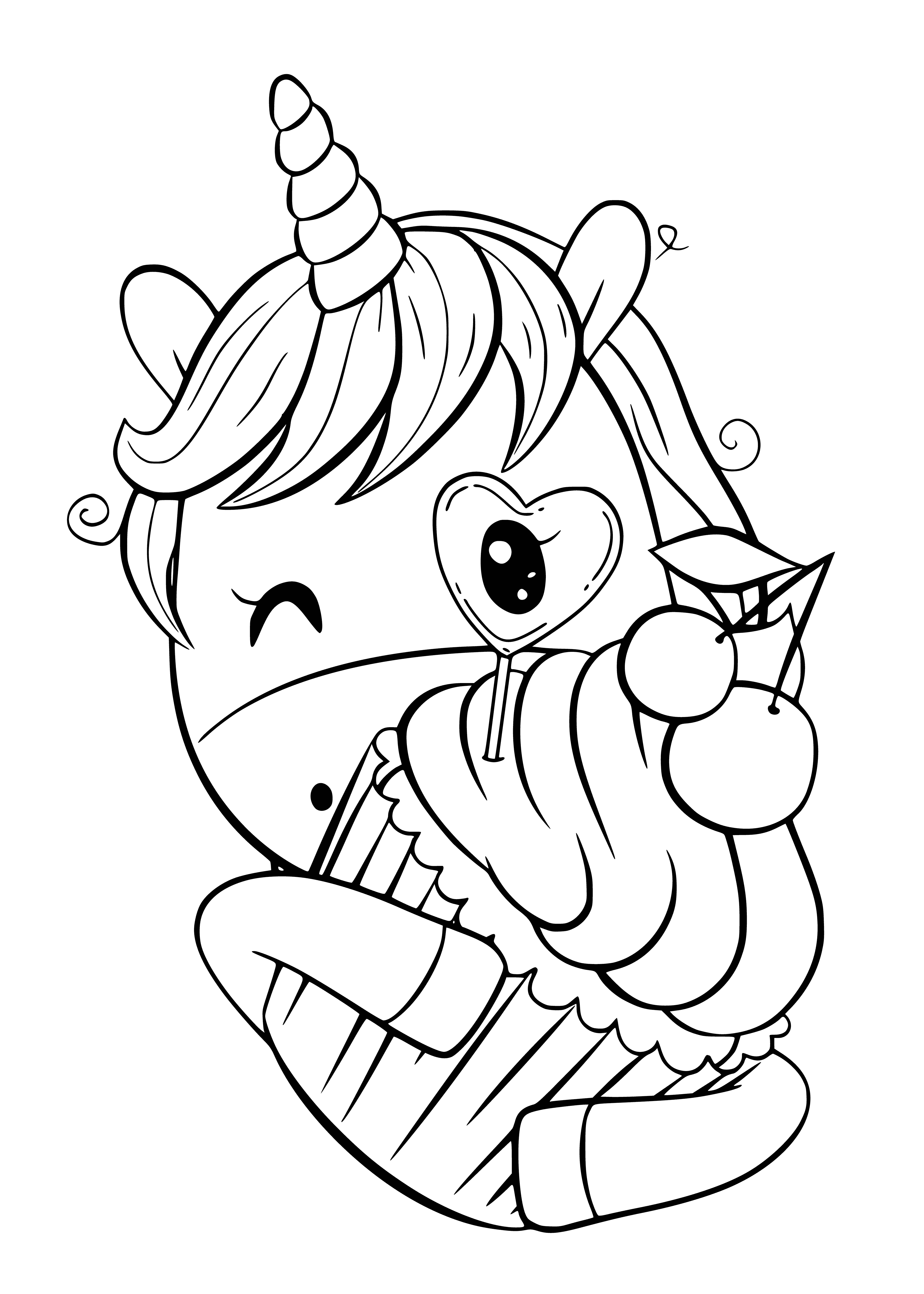 coloring page: A colorful unicorn flies in a rainbow sky with a silver horn, pink mane & tail, and a star on its forehead.
