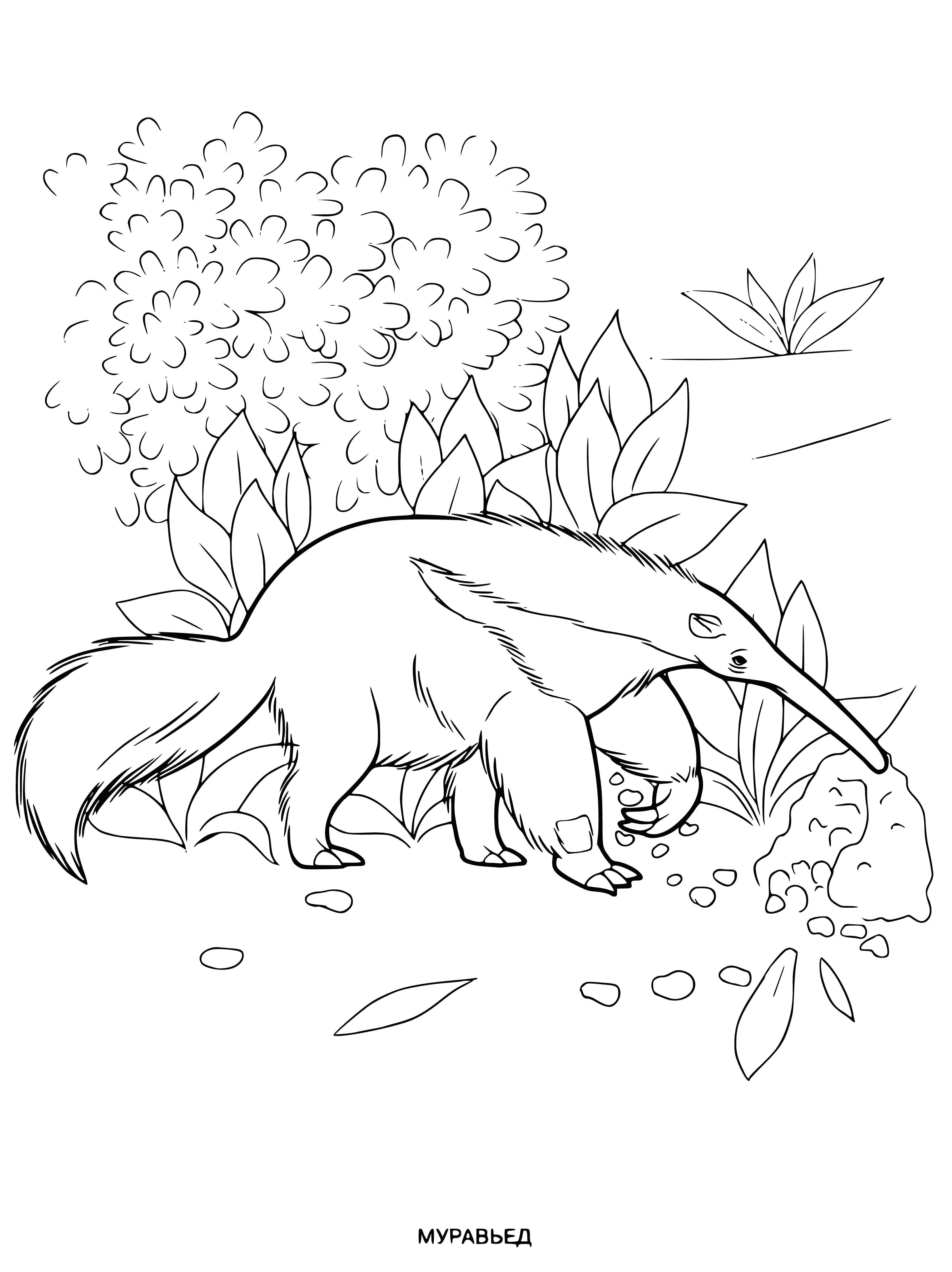 coloring page: Long-nosed animal stands on hind legs eating ants with their long, thin tongue.