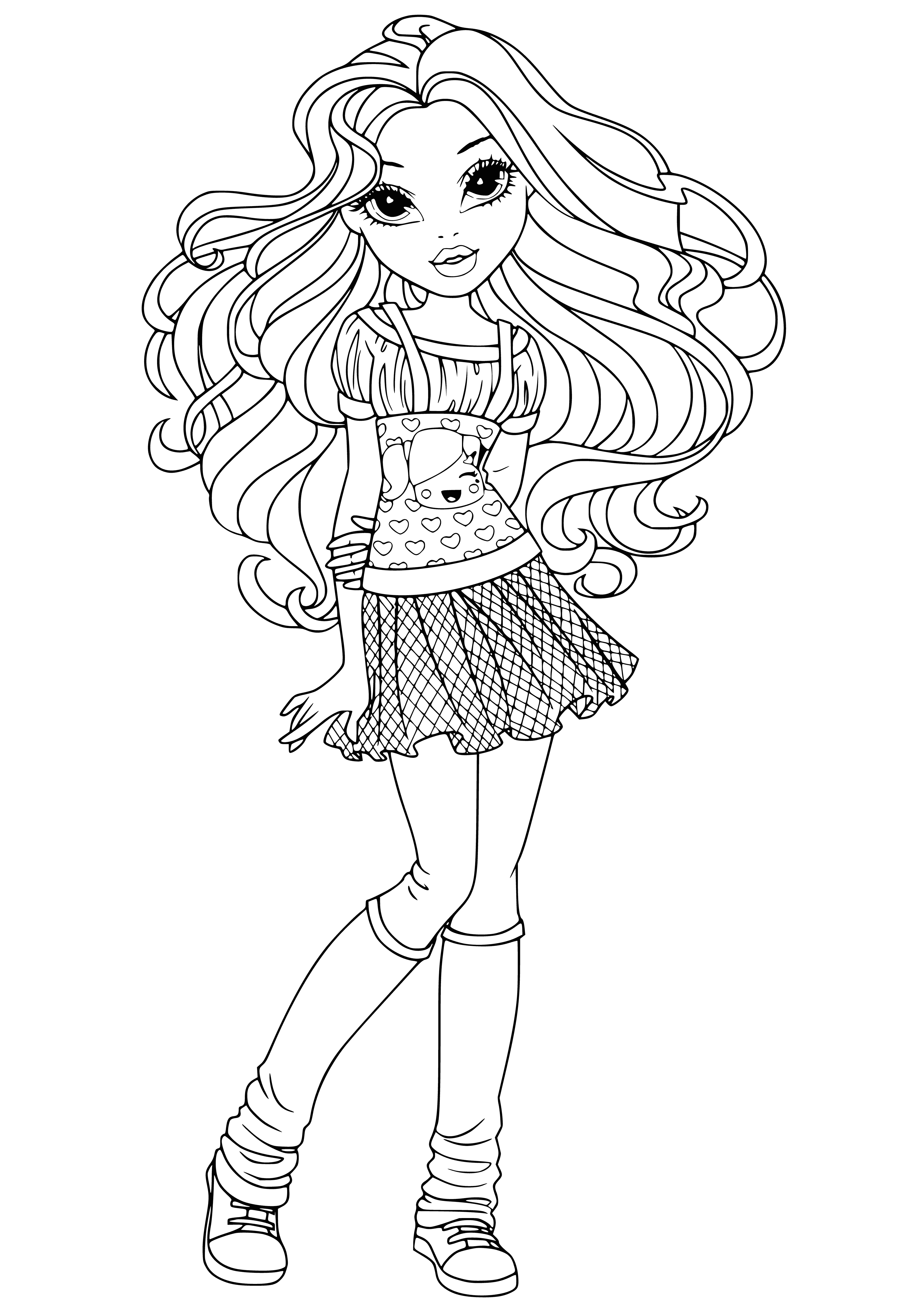 coloring page: Girl with light brown skin & black hair wears white shirt, striped skirt, headband, scarf & shoes.