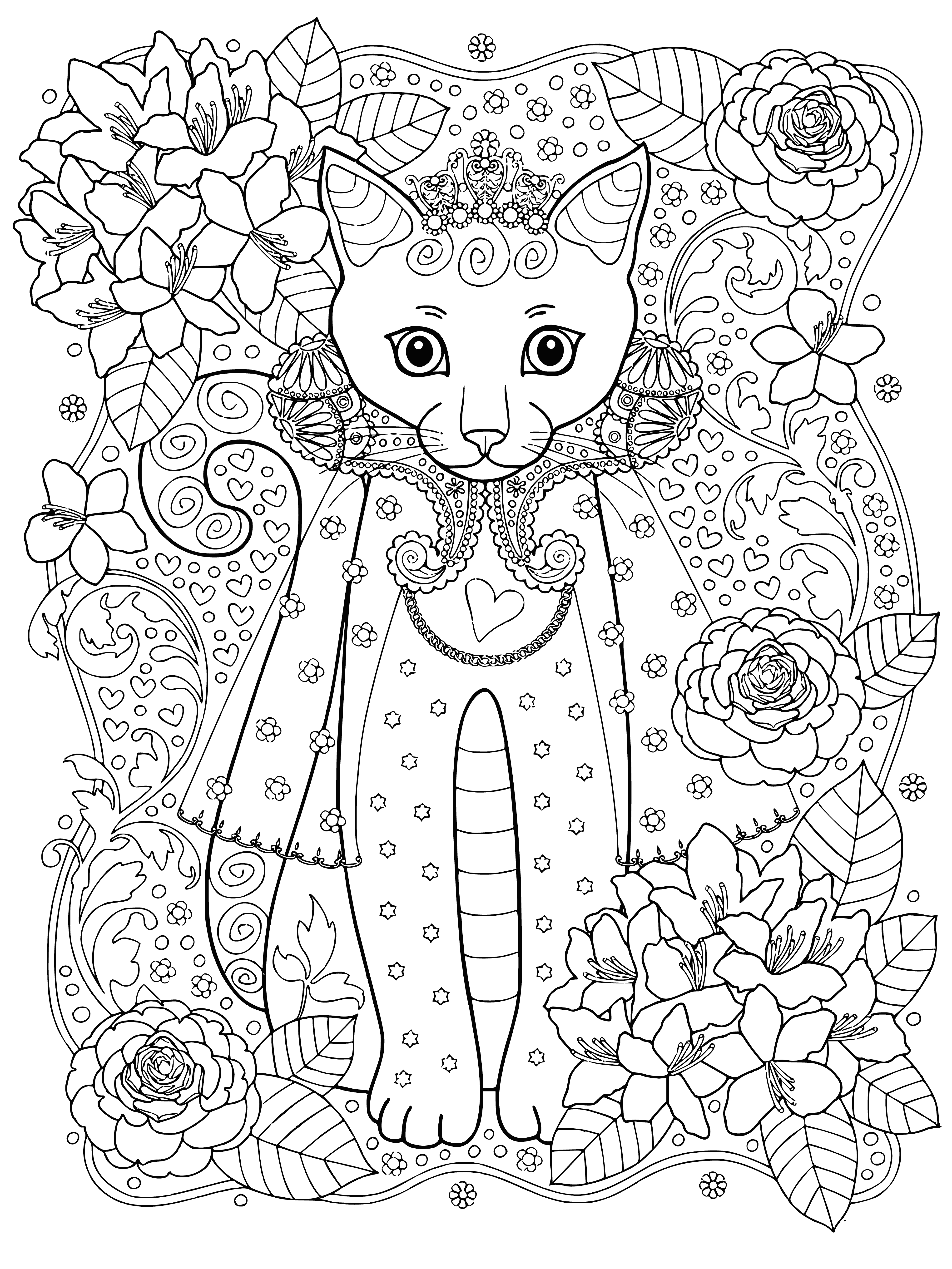 coloring page: A regal cat with a gemstone necklace stares confidently at the viewer, a paw raised as if ready to step into the shadowy outline of a castle.