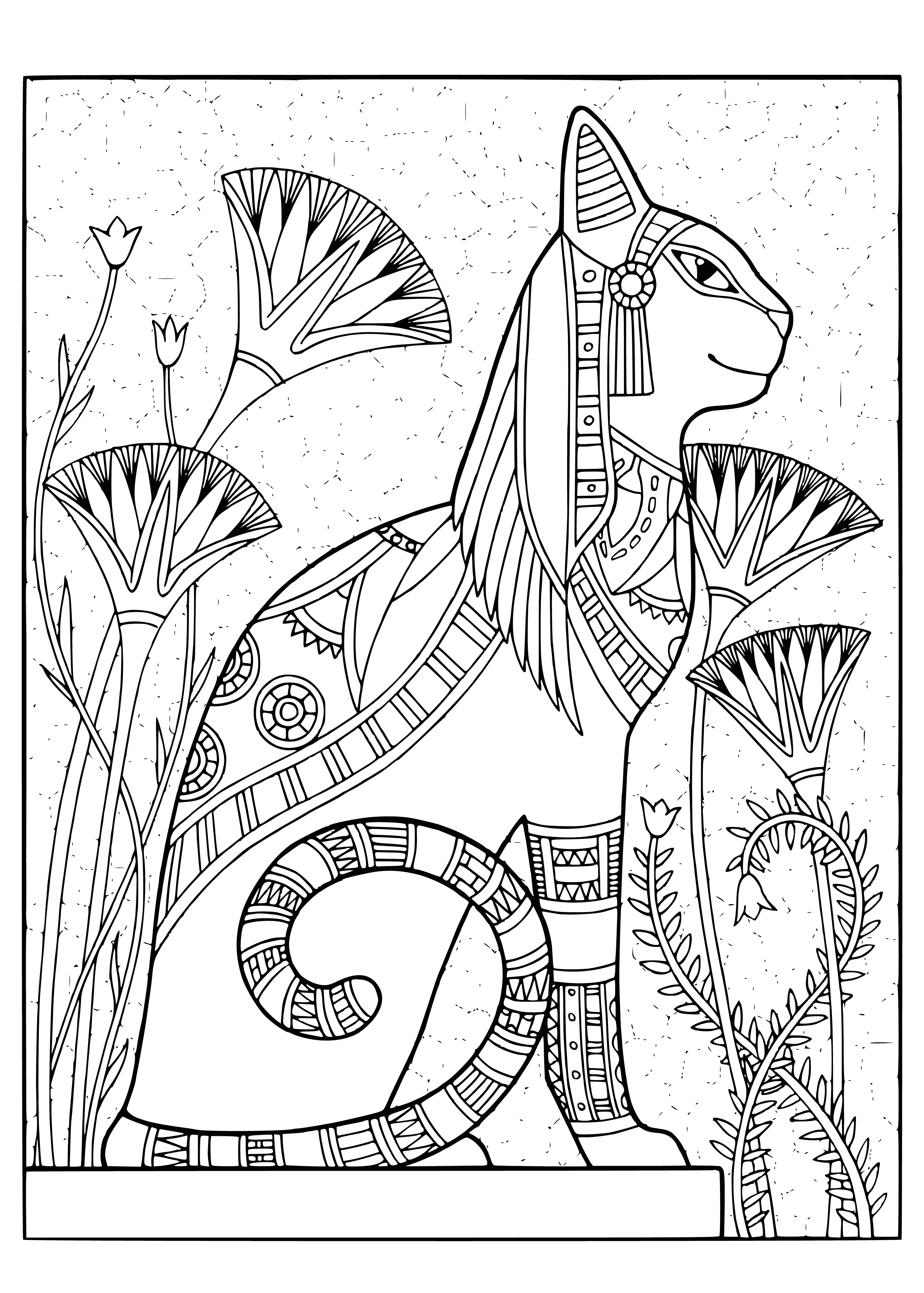 coloring page: Regal cat lounges on cushion among coins, gazing into distance with deep black coat, white highlights, and green eyes.