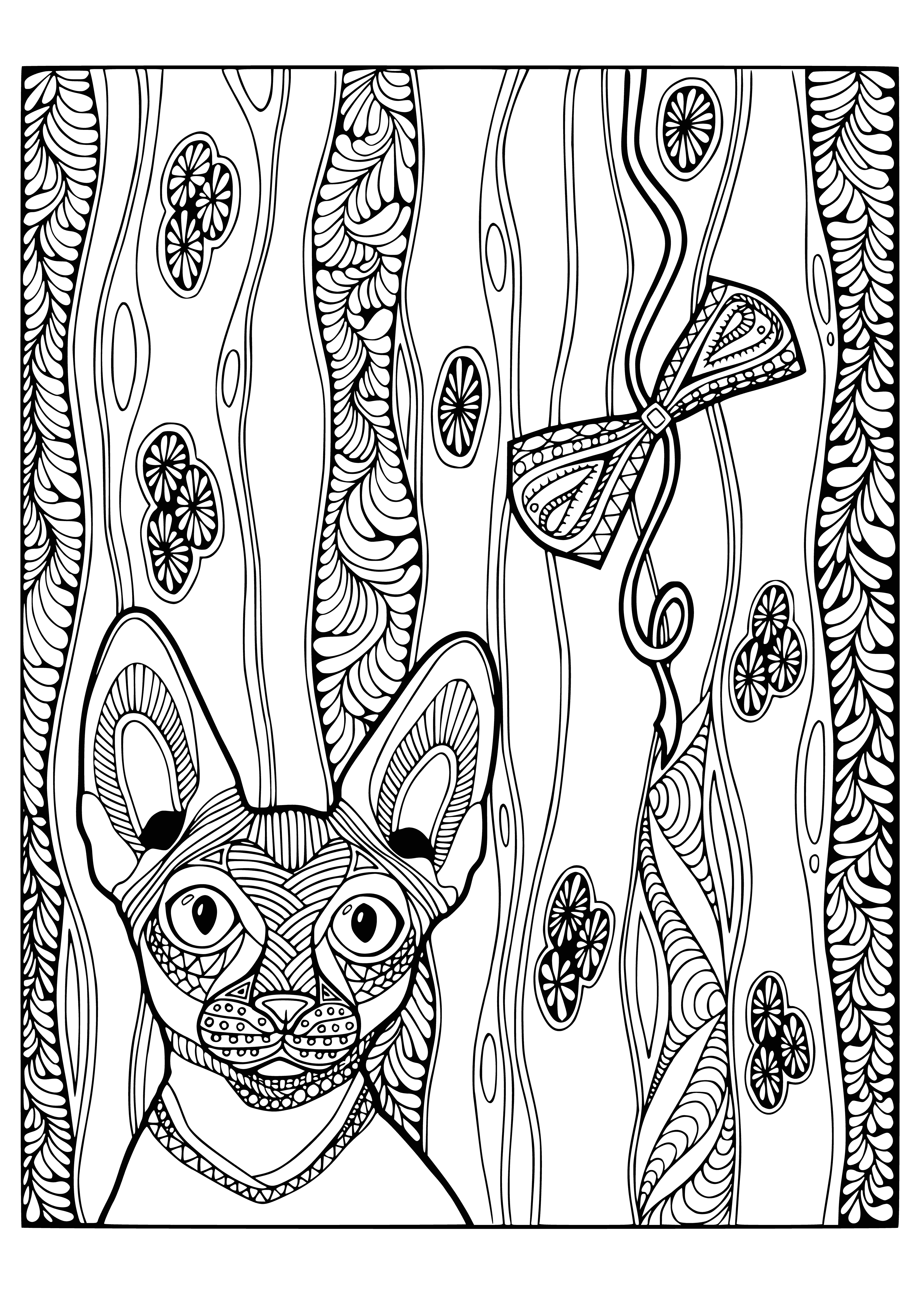coloring page: A big furry cat with white markings lies on a cushion surrounded by flowers and leaves. Gradient bg of blue, green, purple. #coloringbook