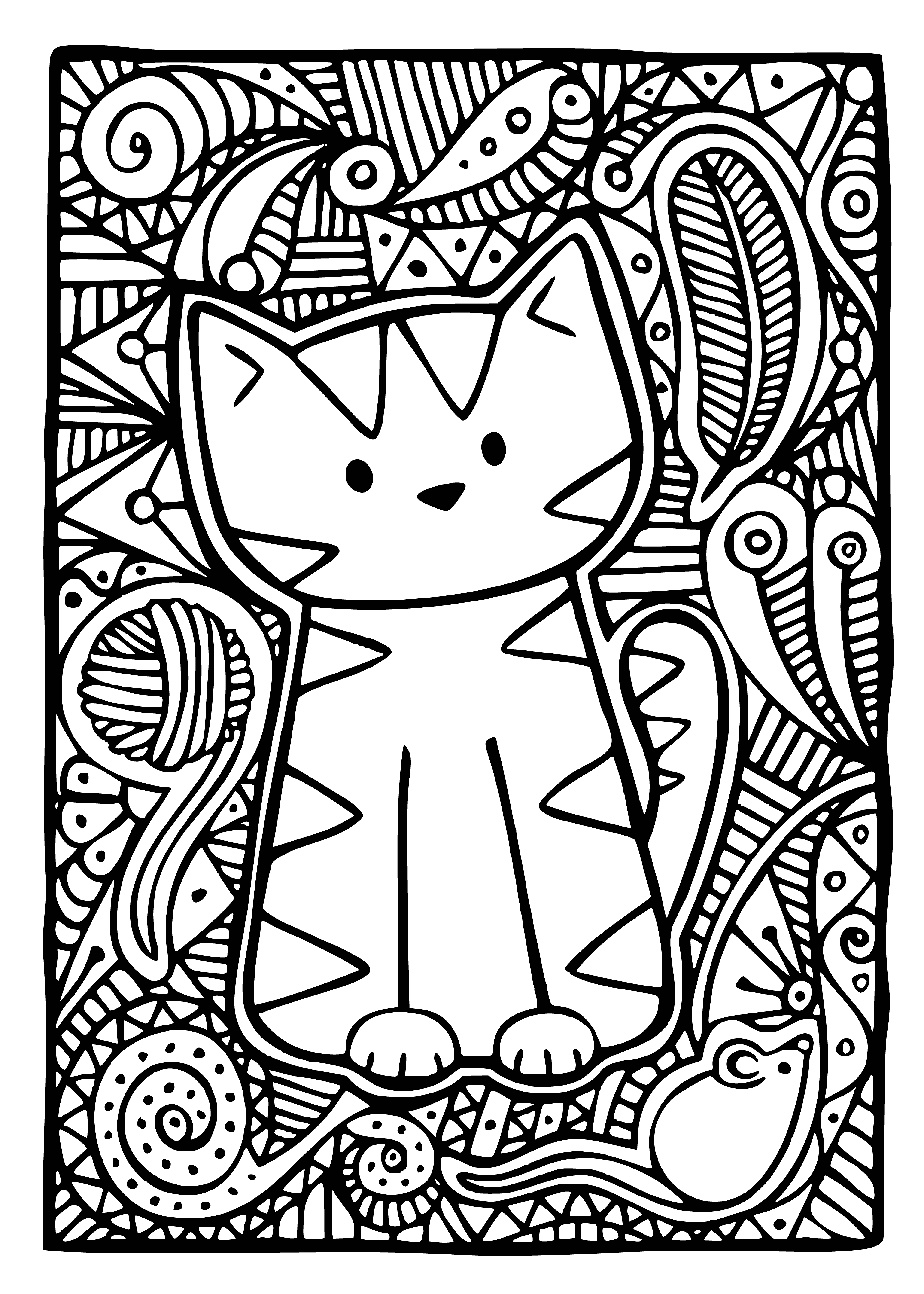 coloring page: Cute kitten in center of page looking left w/ light brown fur, black spots, raised right paw, white chest. #coloring pagegraphy