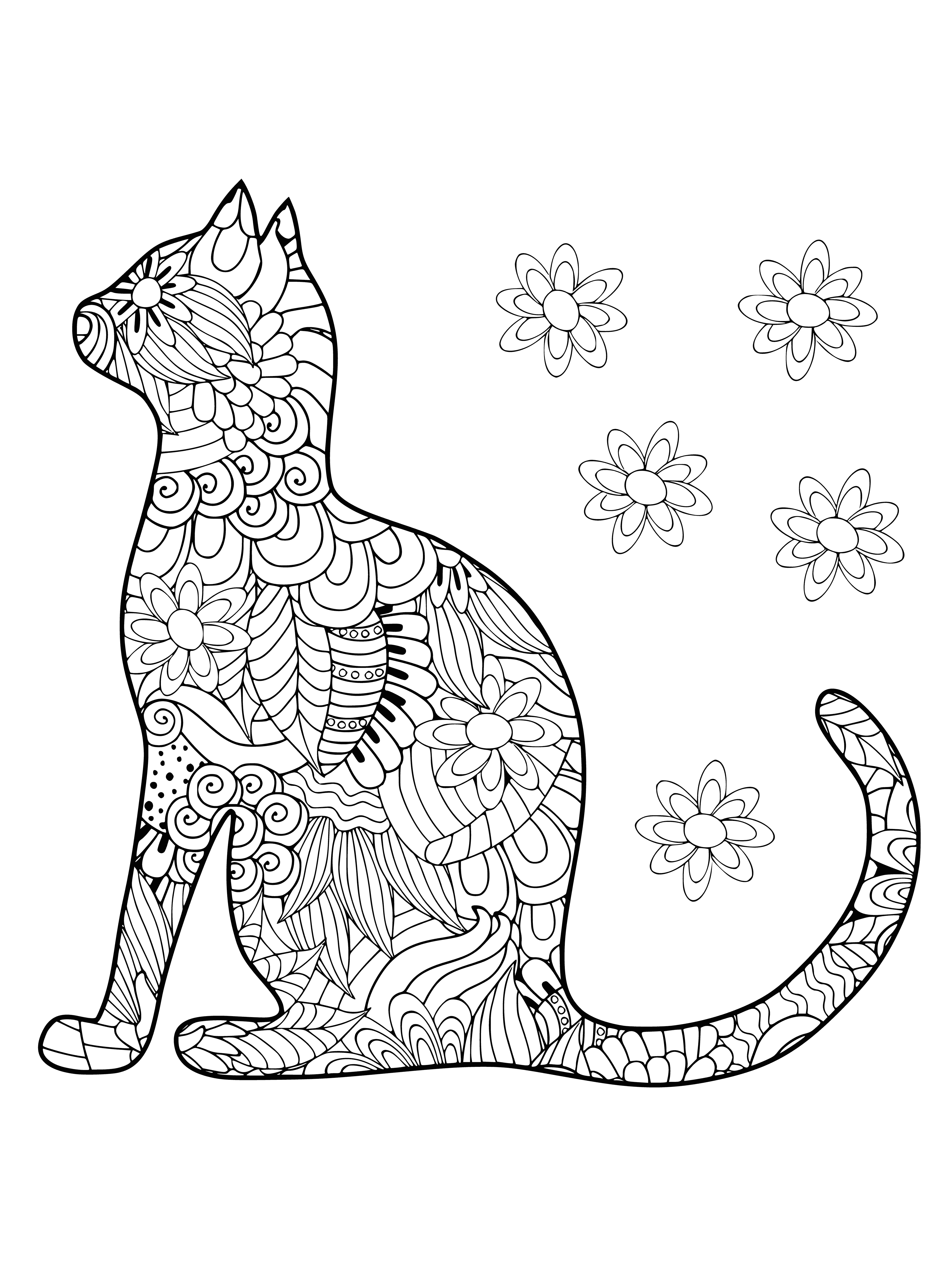 coloring page: Cat silhouette in relaxation pose on white background. No other colors used.