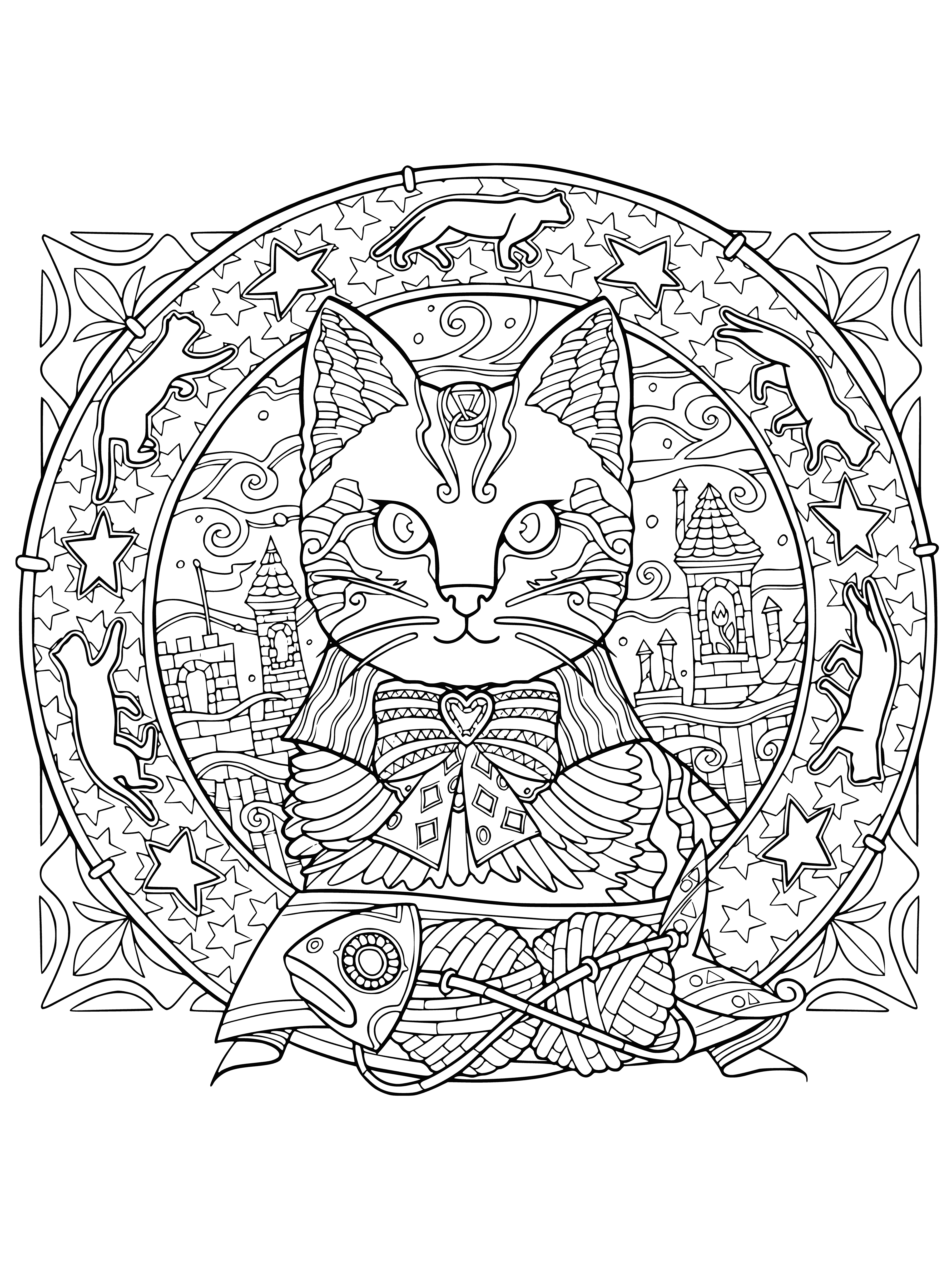 coloring page: A mandala with bright & vibrant colors of flowers & plant life, featuring two cats in its center, creating a calming atmosphere.