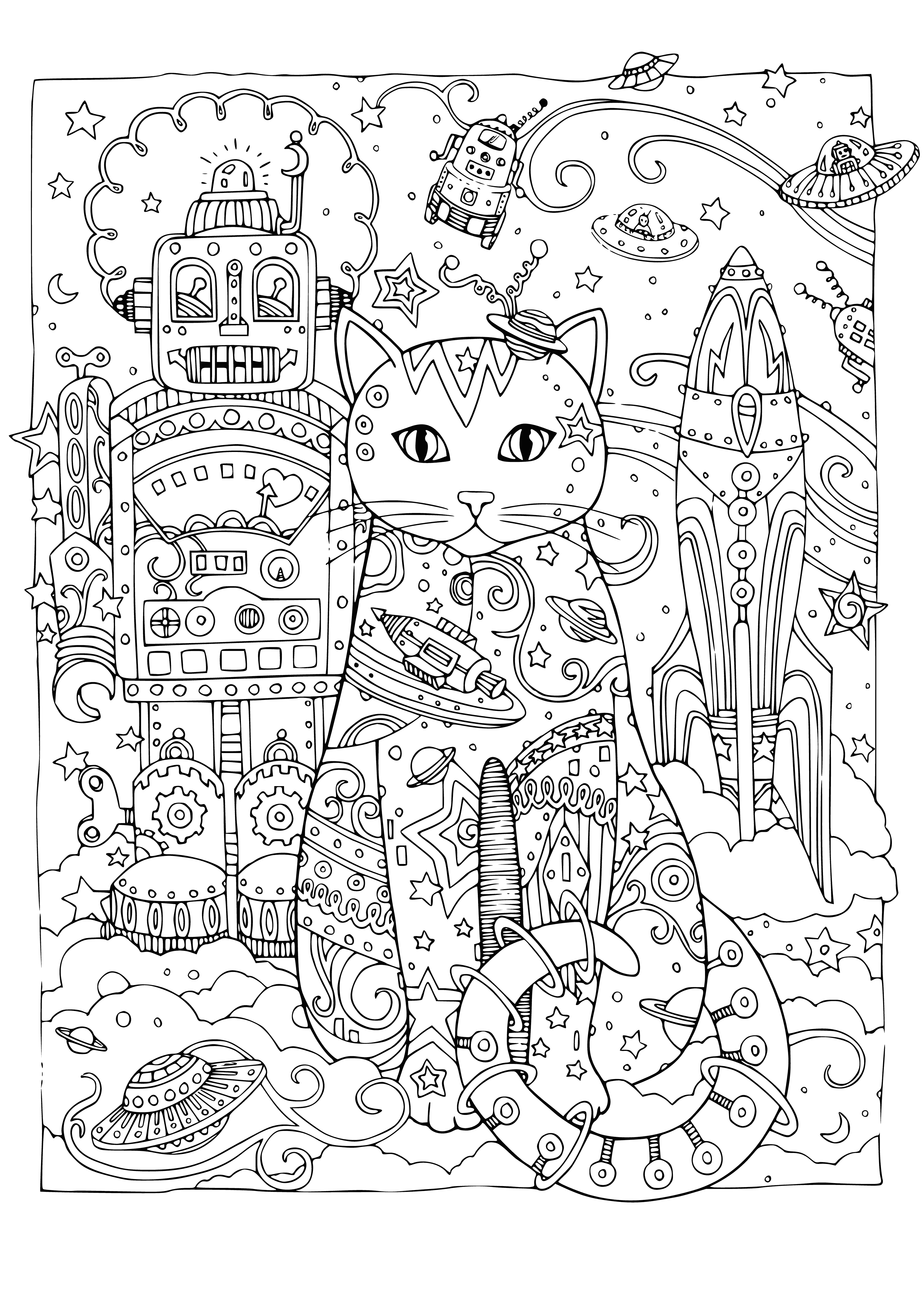 coloring page: Two cats enjoy a computer session; one typing, one observing. Both look content.