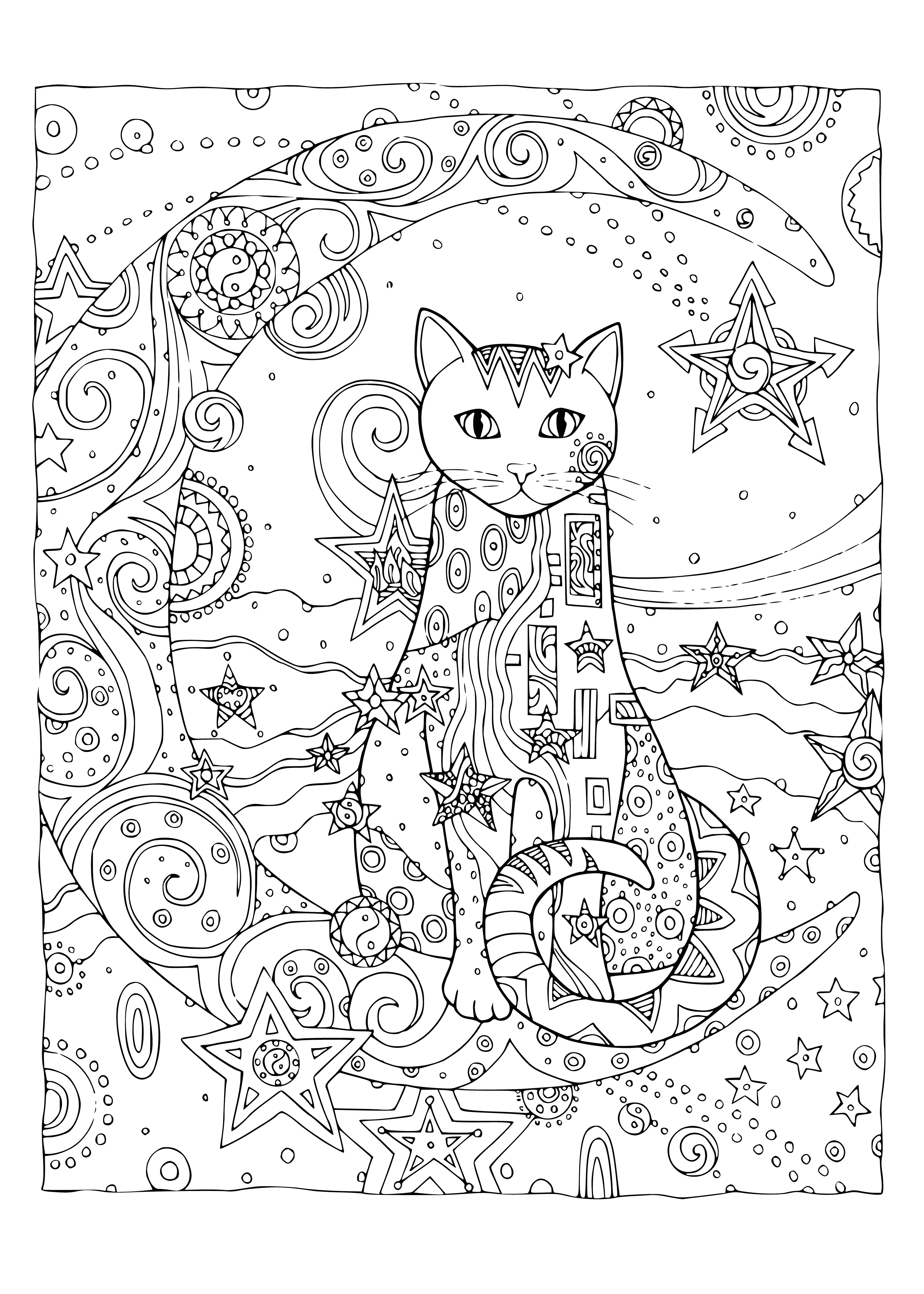 coloring page: Colorful cat with a moon & flowers in a wreath. Word "CAT" with small cat in "O" & "month” with moon in "O" on page. #coloringbooks