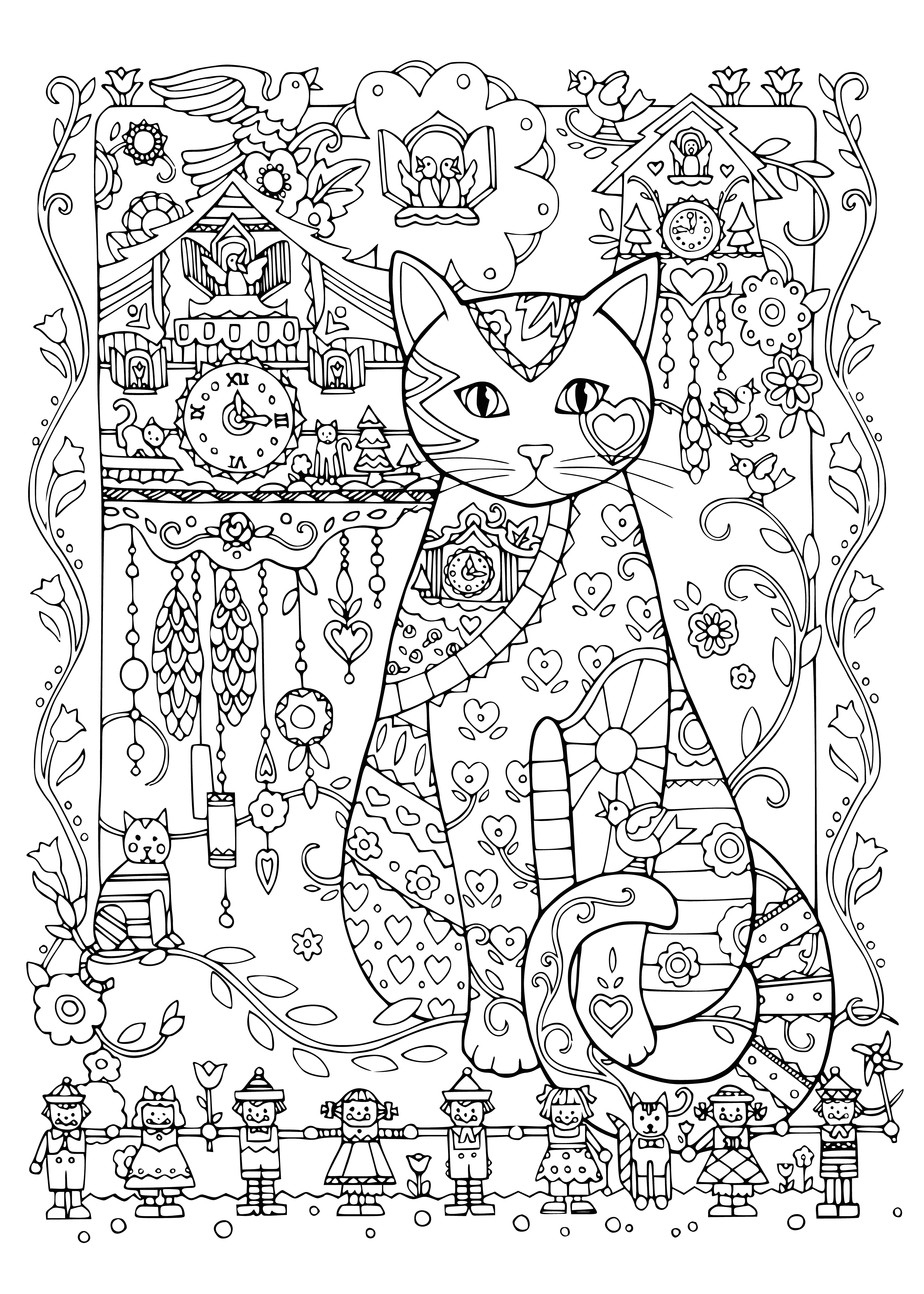 coloring page: Cat is at bench, moving gear with paw, surrounded by gears & cogs; serious expression on face. #catsofinstagram