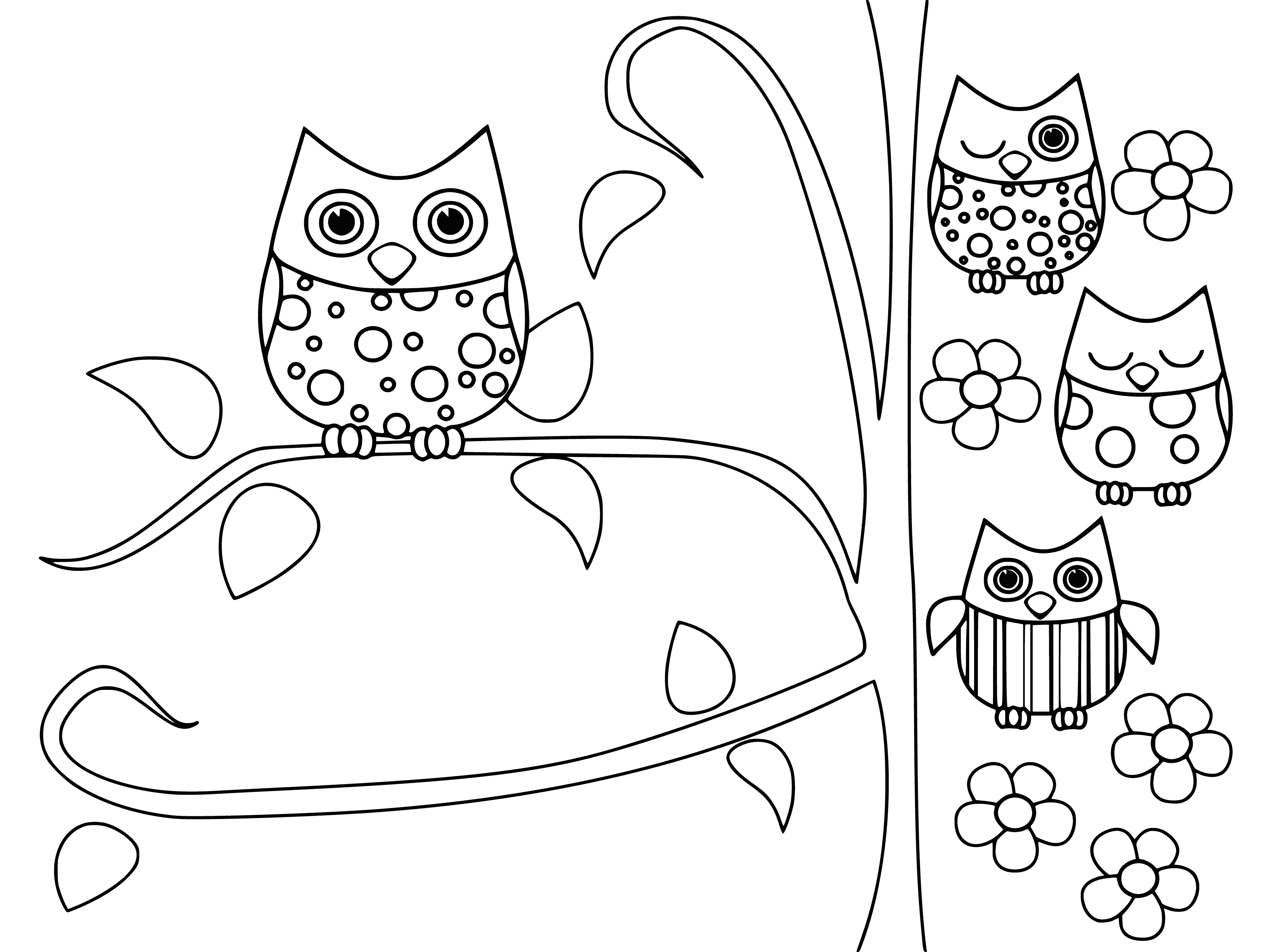 coloring page: Two owls are on a tree branch: 1 brown w/wings out, 1 white & looking.