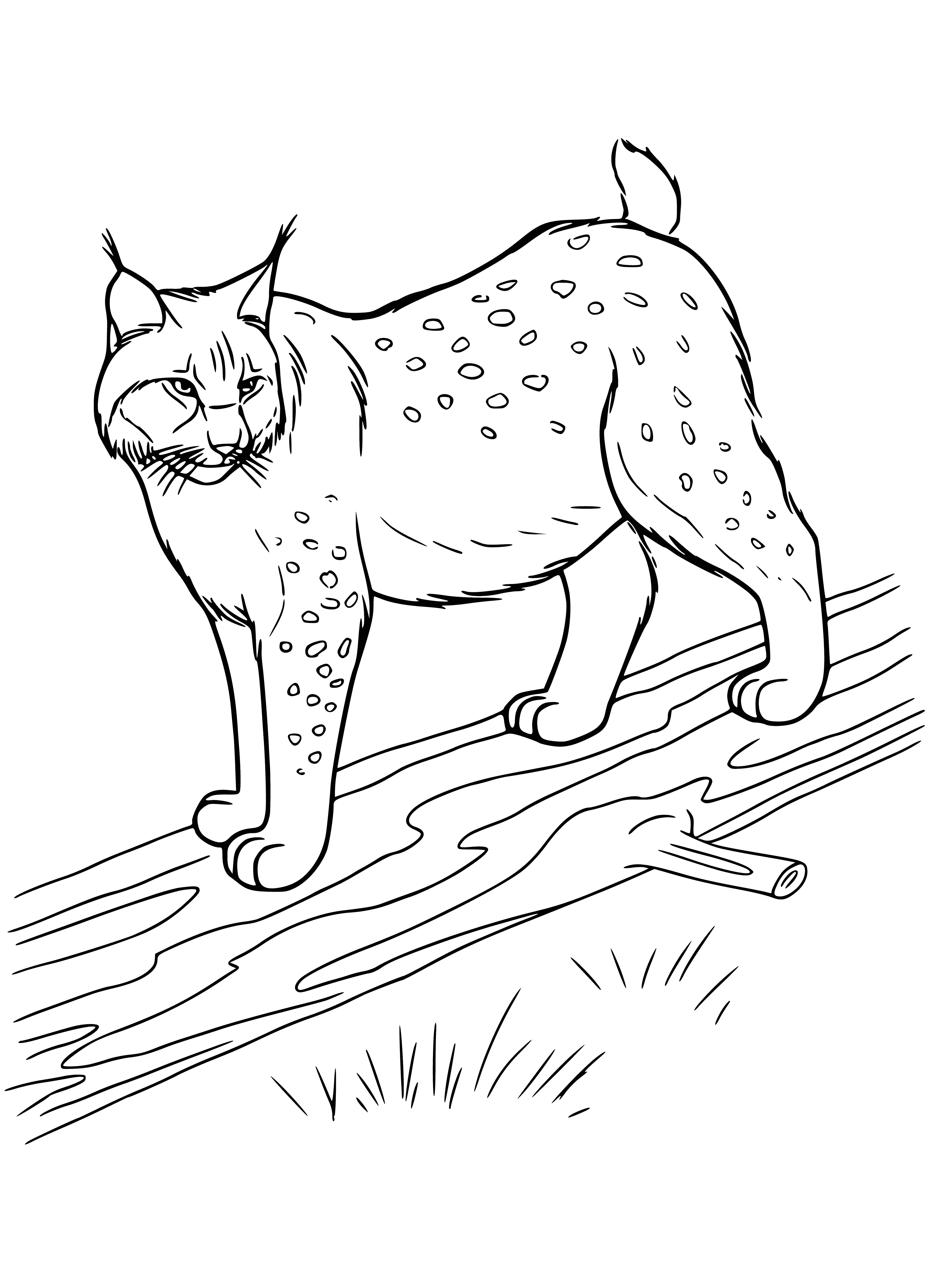 coloring page: Gray-spotted animal with long ears and fur-covered body perched on a tree branch. Big furry paws and short tail.