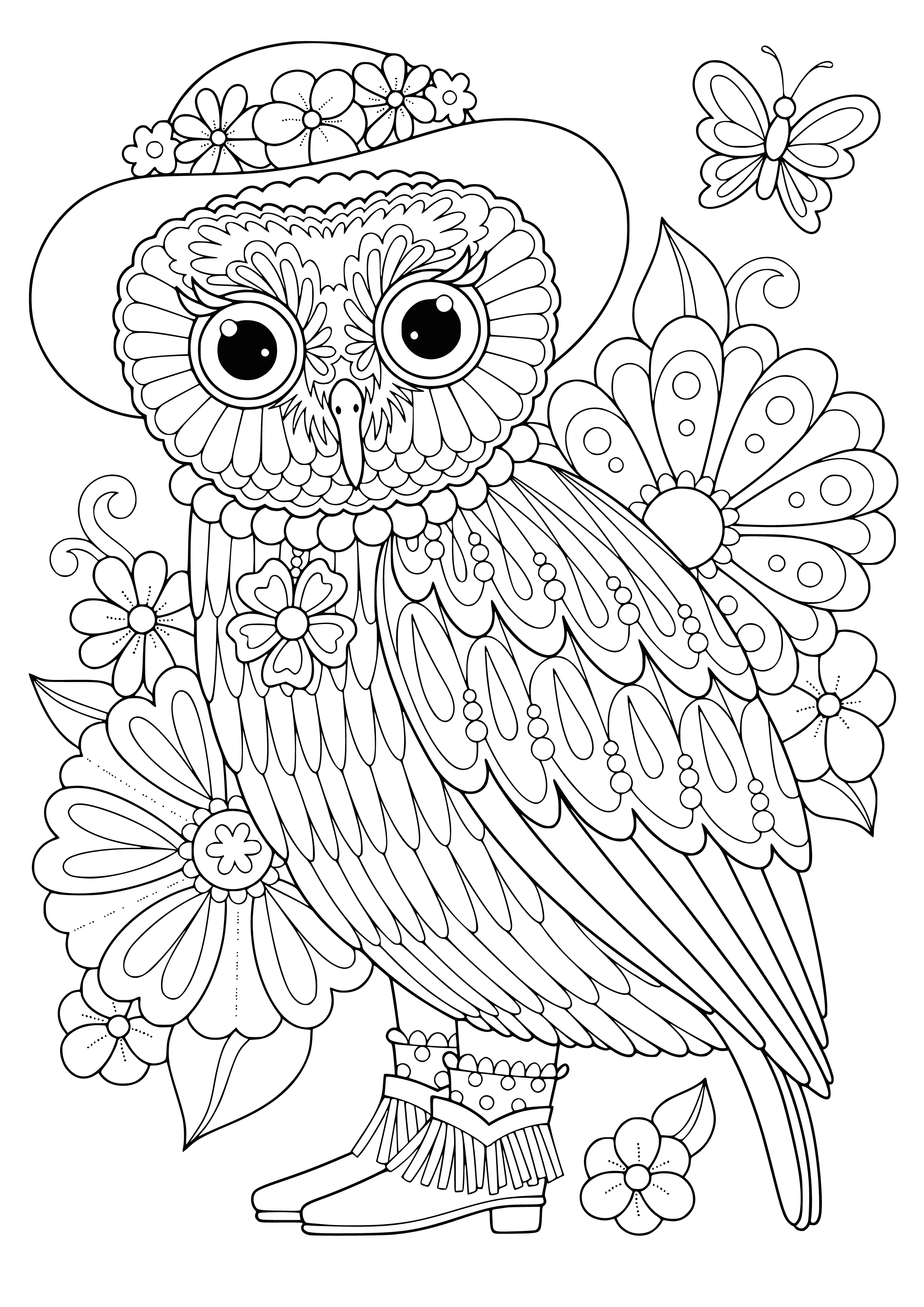 coloring page: Colorful owls in hat & boots standing on a branch - great for adult coloring books! #Owls #Coloring