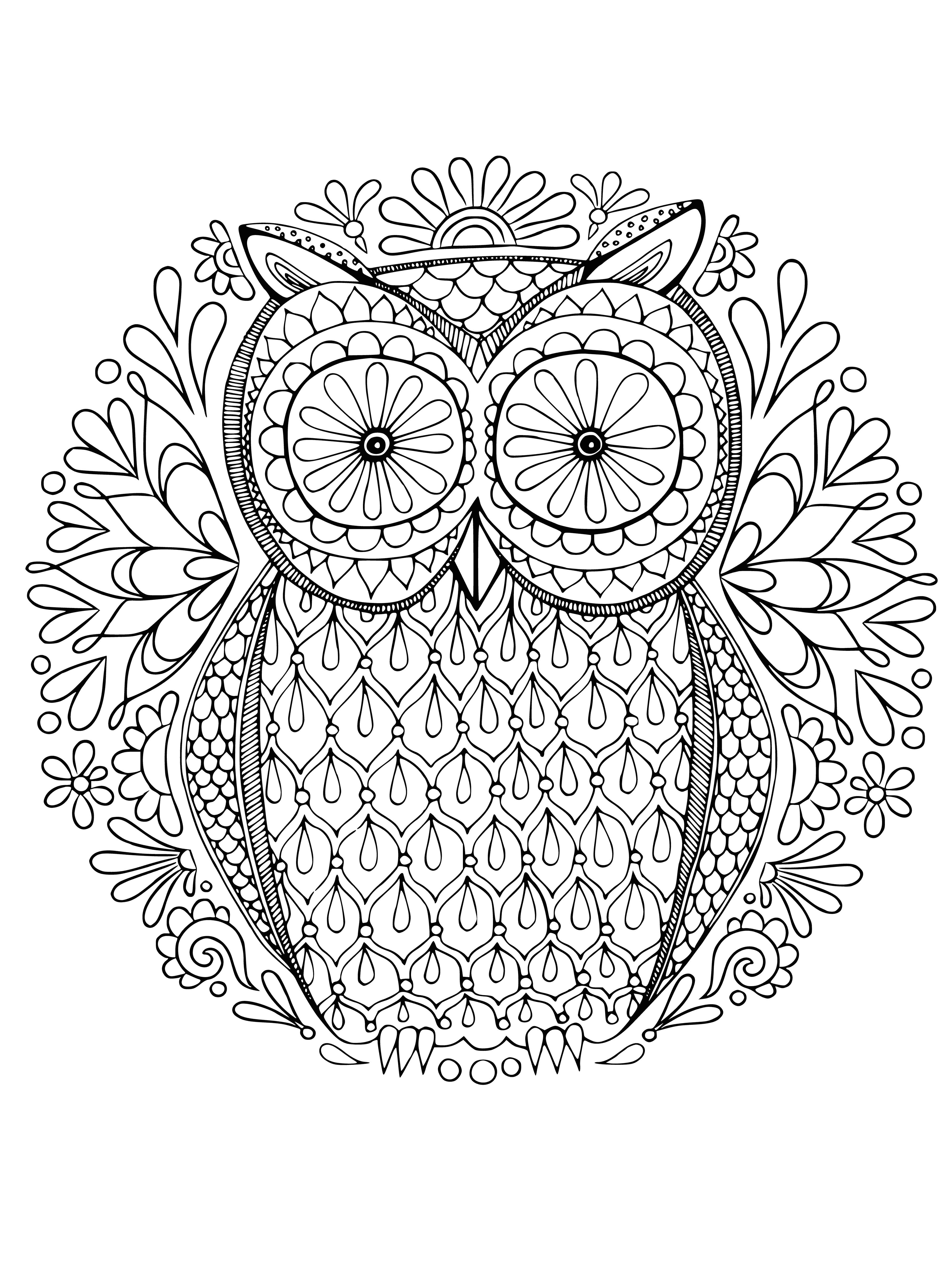 coloring page: Owl mandala coloring page: an owl in center surrounded by intricate patterns for calming & stress-relief.