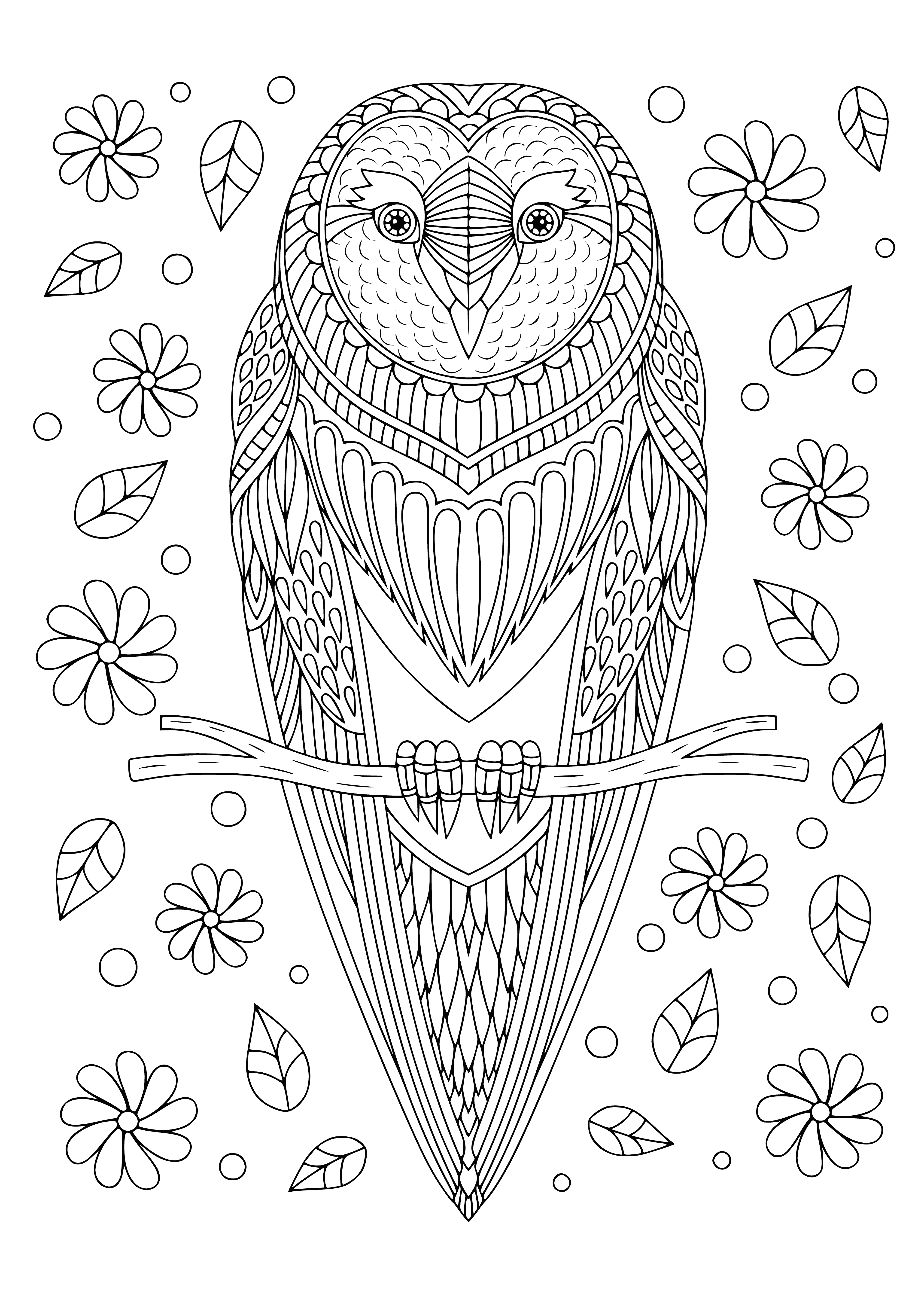 coloring page: Owl sitting on a branch with white body, gray wings & branch. Big round eyes, beak & two wings. #ColoringPage