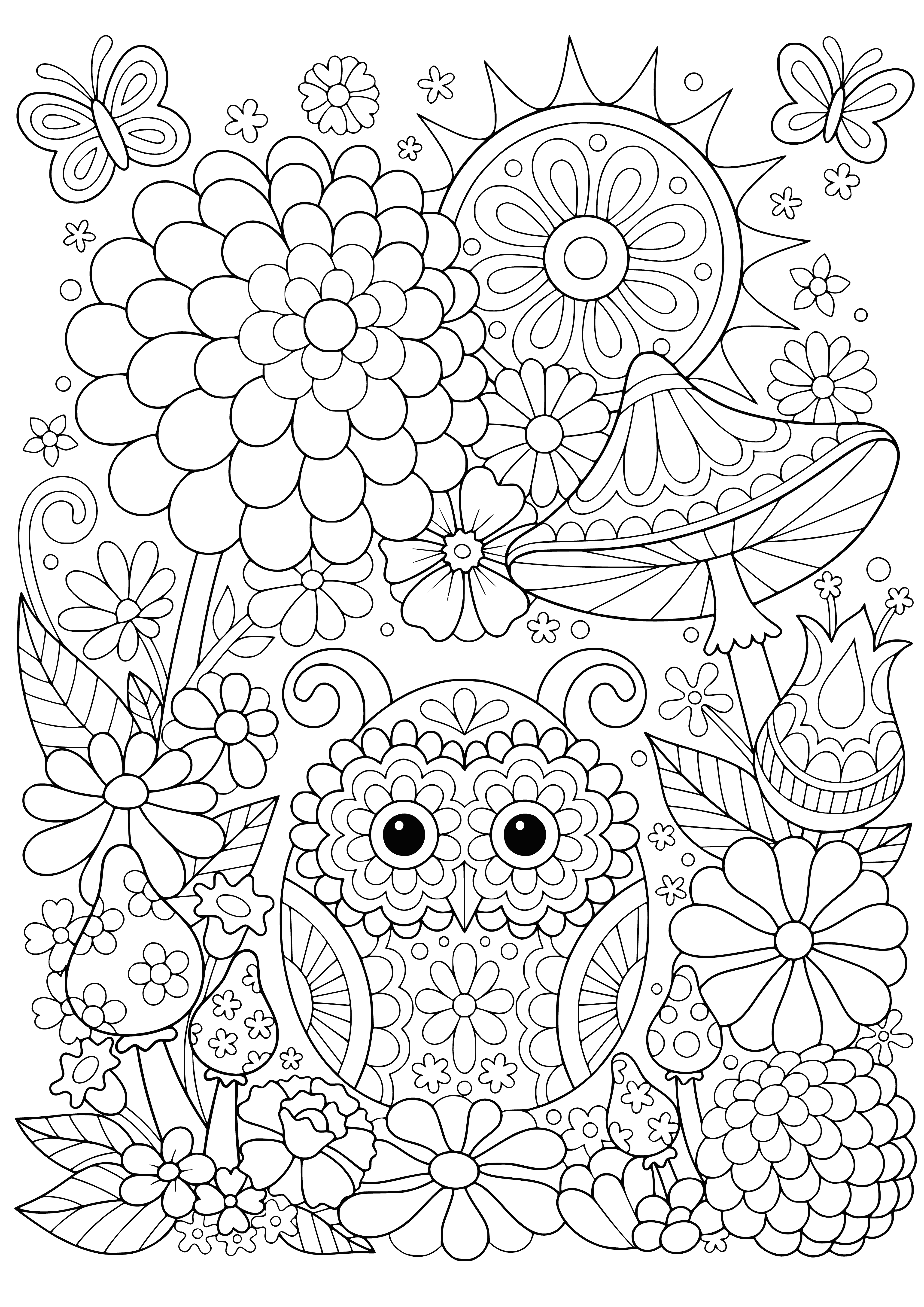coloring page: A small owl sits in a meadow on a log, with big, round eyes and a mix of brown and white plumage. It looks content in the sun, enjoying the fresh air.