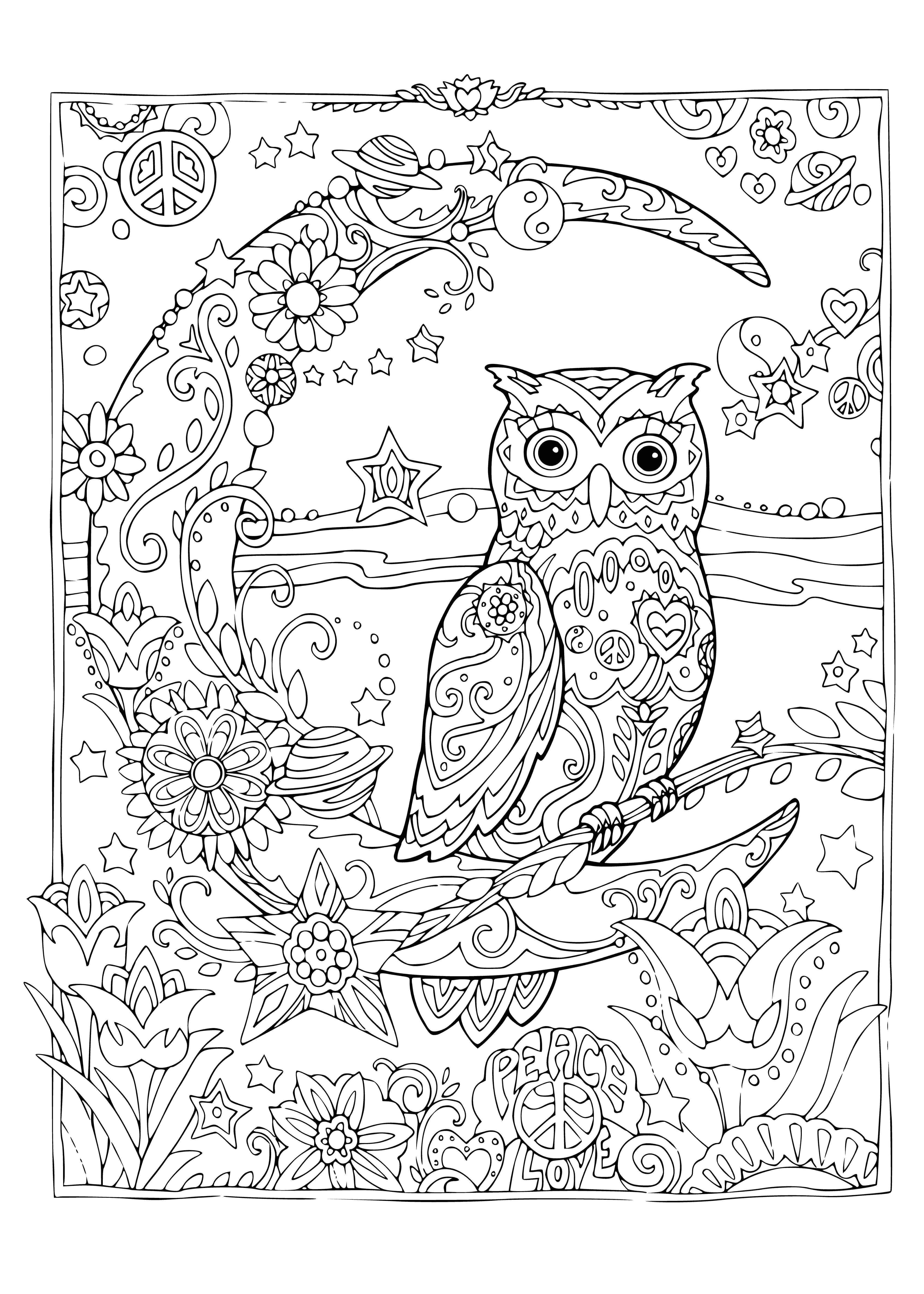 coloring page: A light blue owl with yellow eyes, an orange beak and red, orange, and yellow leaves sits on a tree branch with a brown trunk and a green background.