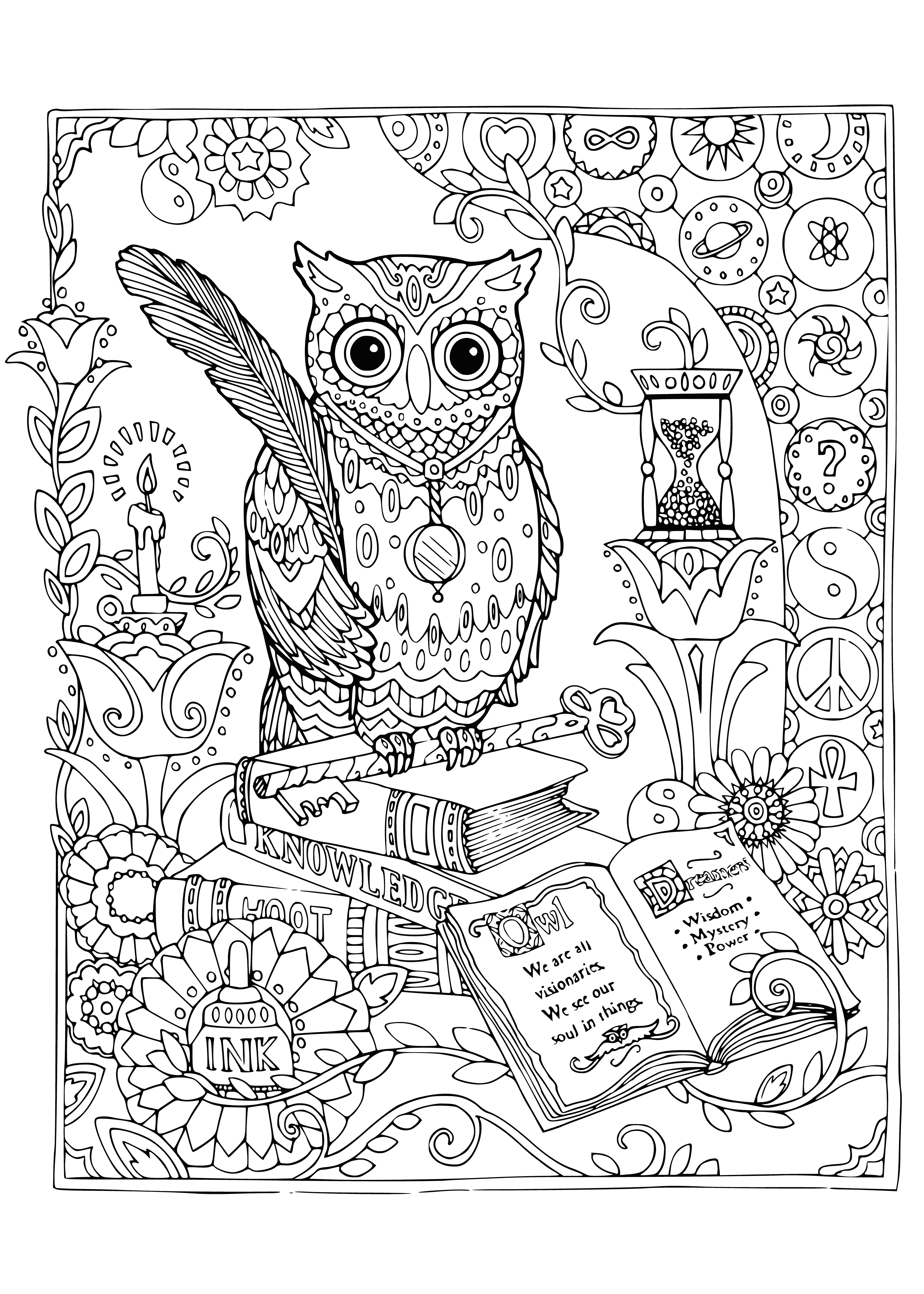 coloring page: Two owls, brown & gray, sit together in a tree. They both have white spots & yellow eyes.