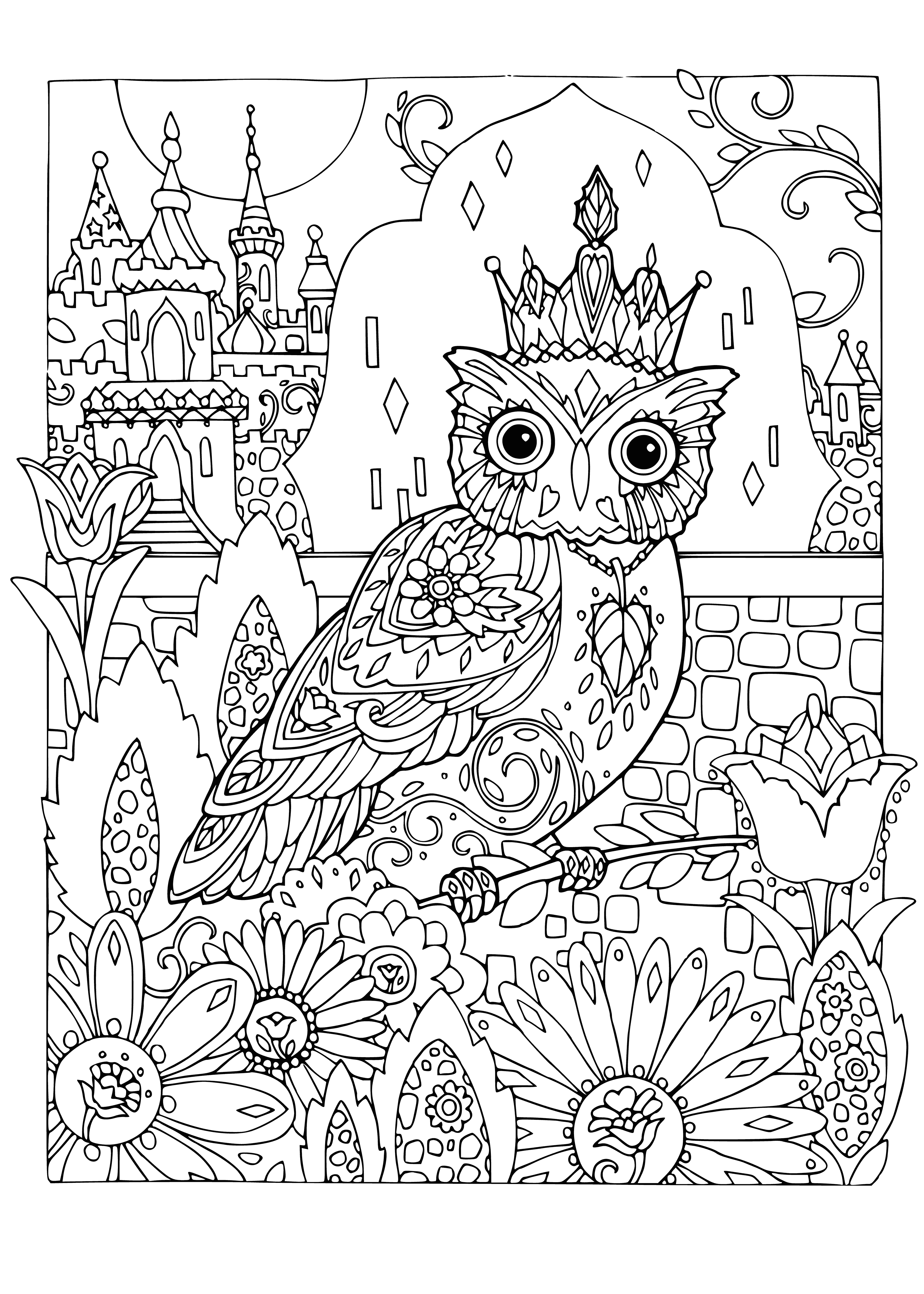 coloring page: Wise owl on house, staring with big eyes and holding mistletoe in claw. Artistic & festive!