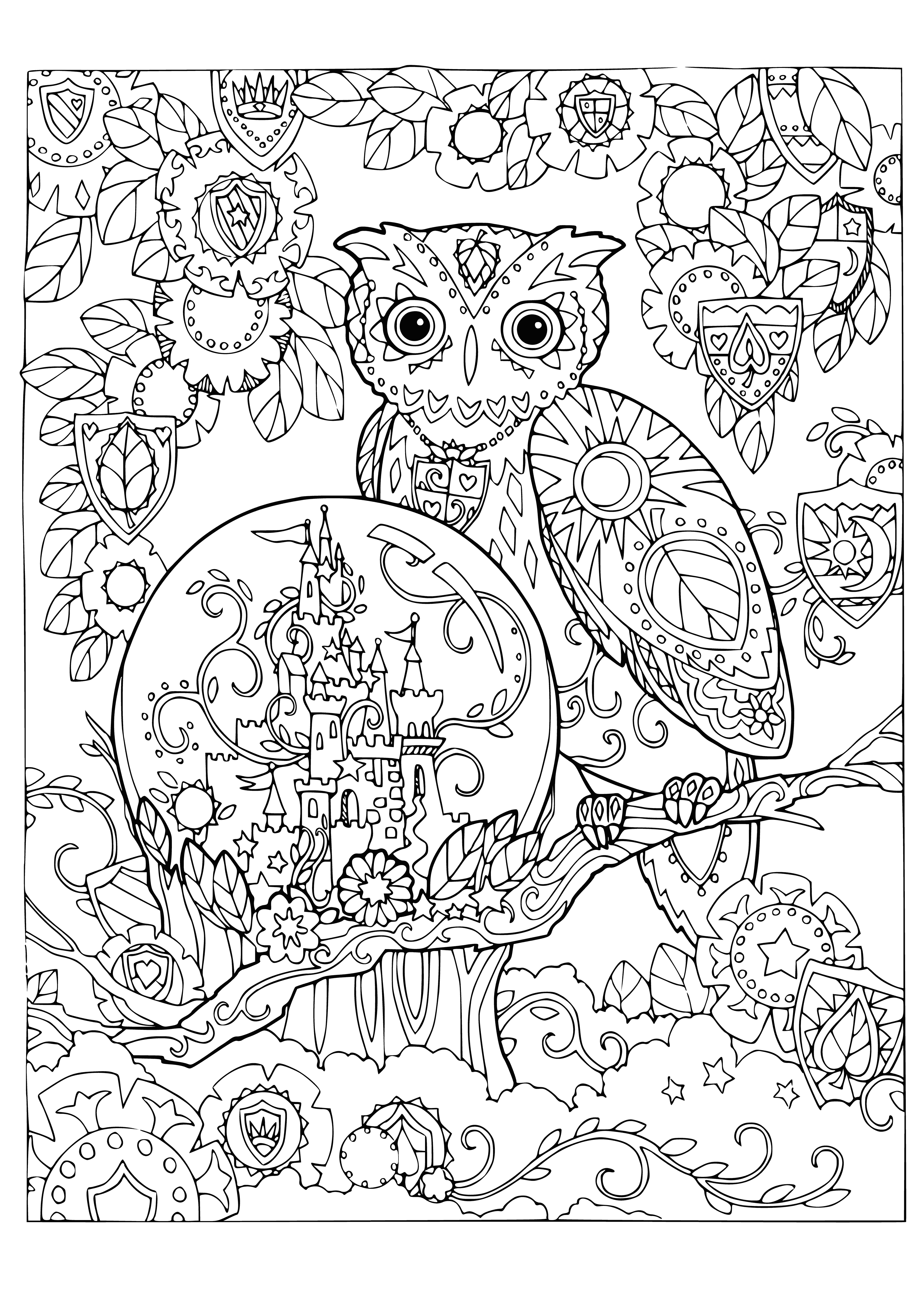 coloring page: Two owls gaze into a magic ball that glows, one admiring it, the other admiring it's companion.