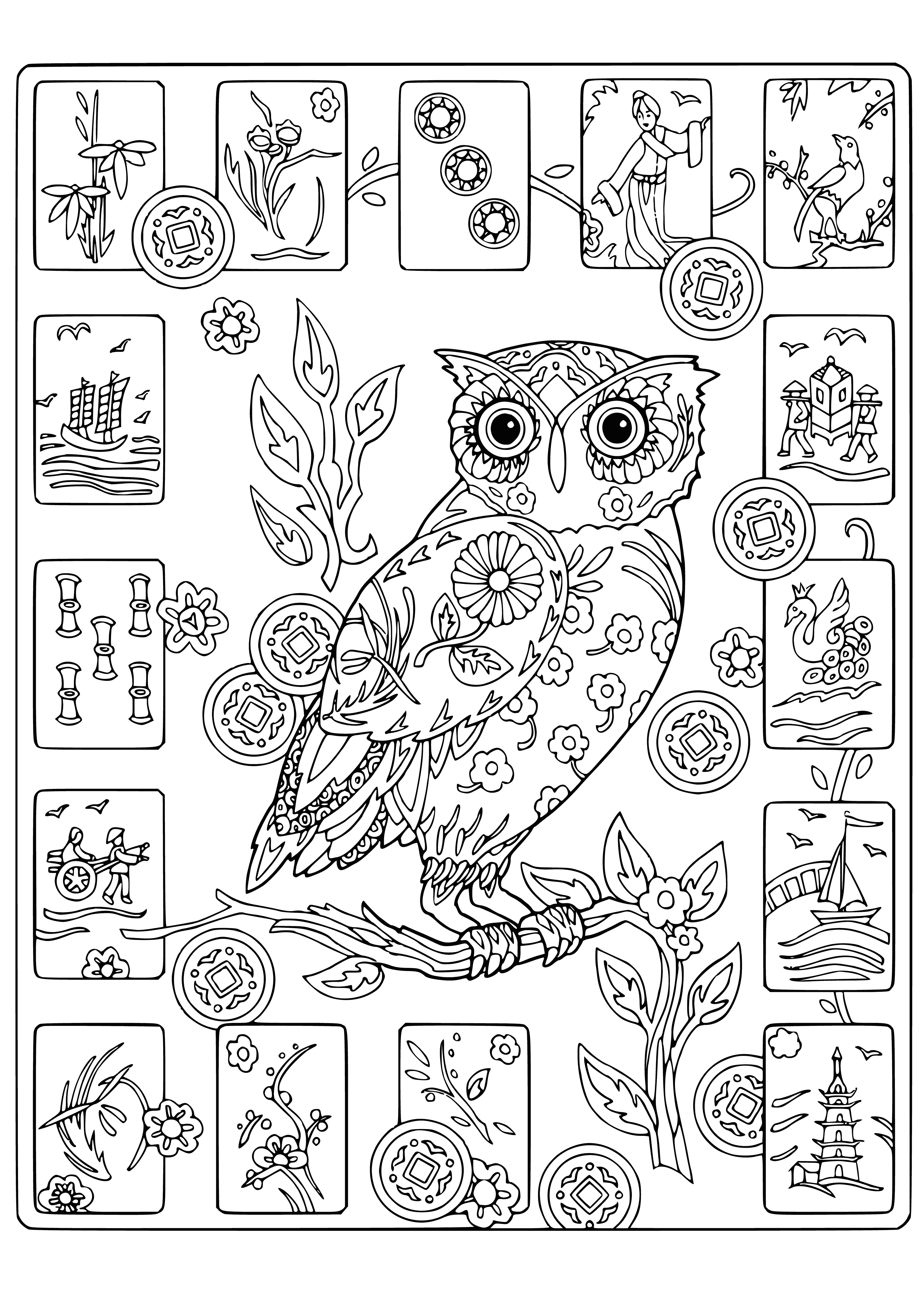 coloring page: Two peaceful owls, one with flower pattern and one with geometric pattern, surround this coloring page. #owls #coloring #patterns