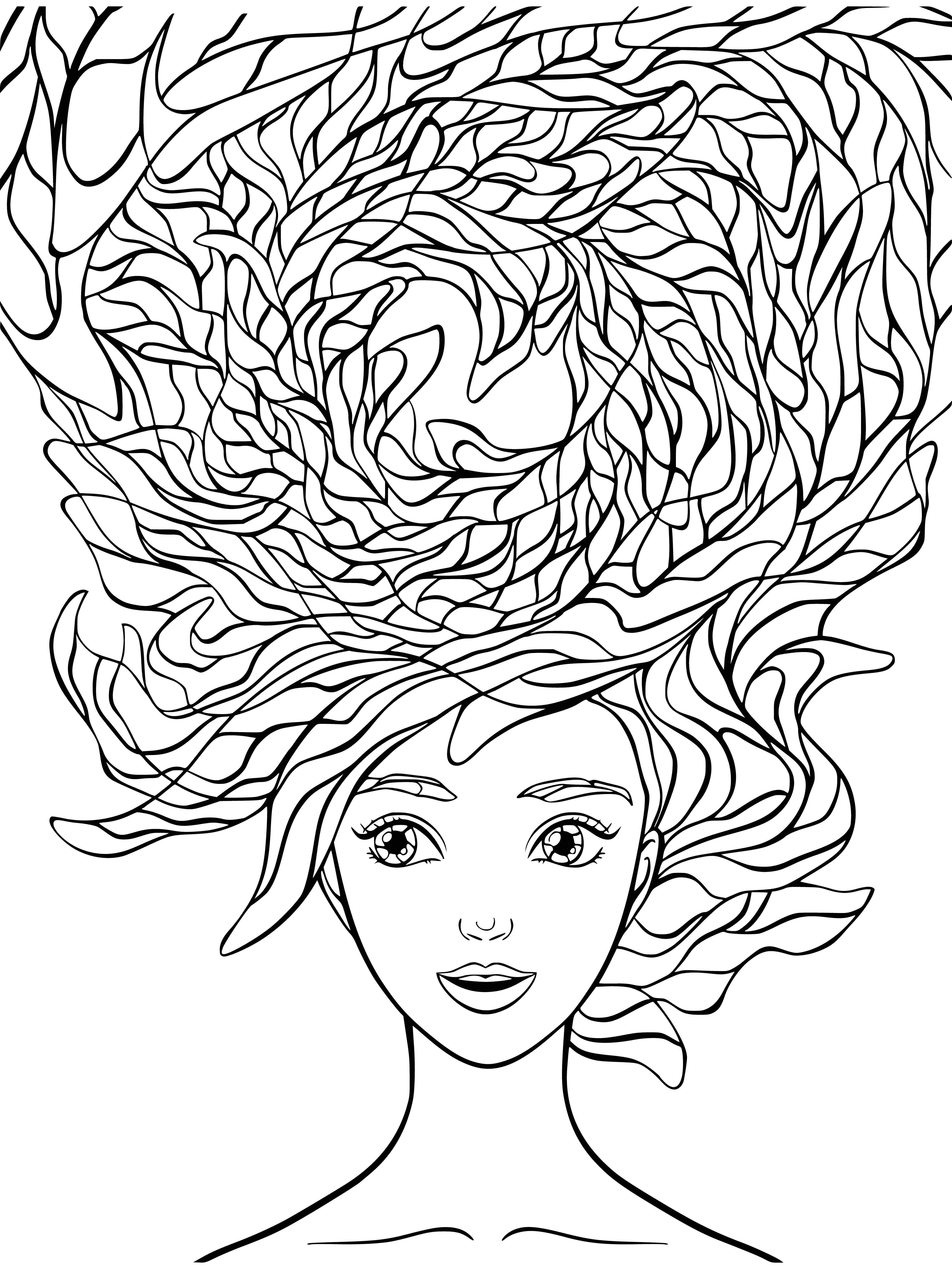coloring page: Girl with extraordinary hair sits, her hair flowing around her, pensive expression as she colors in a coloring page.