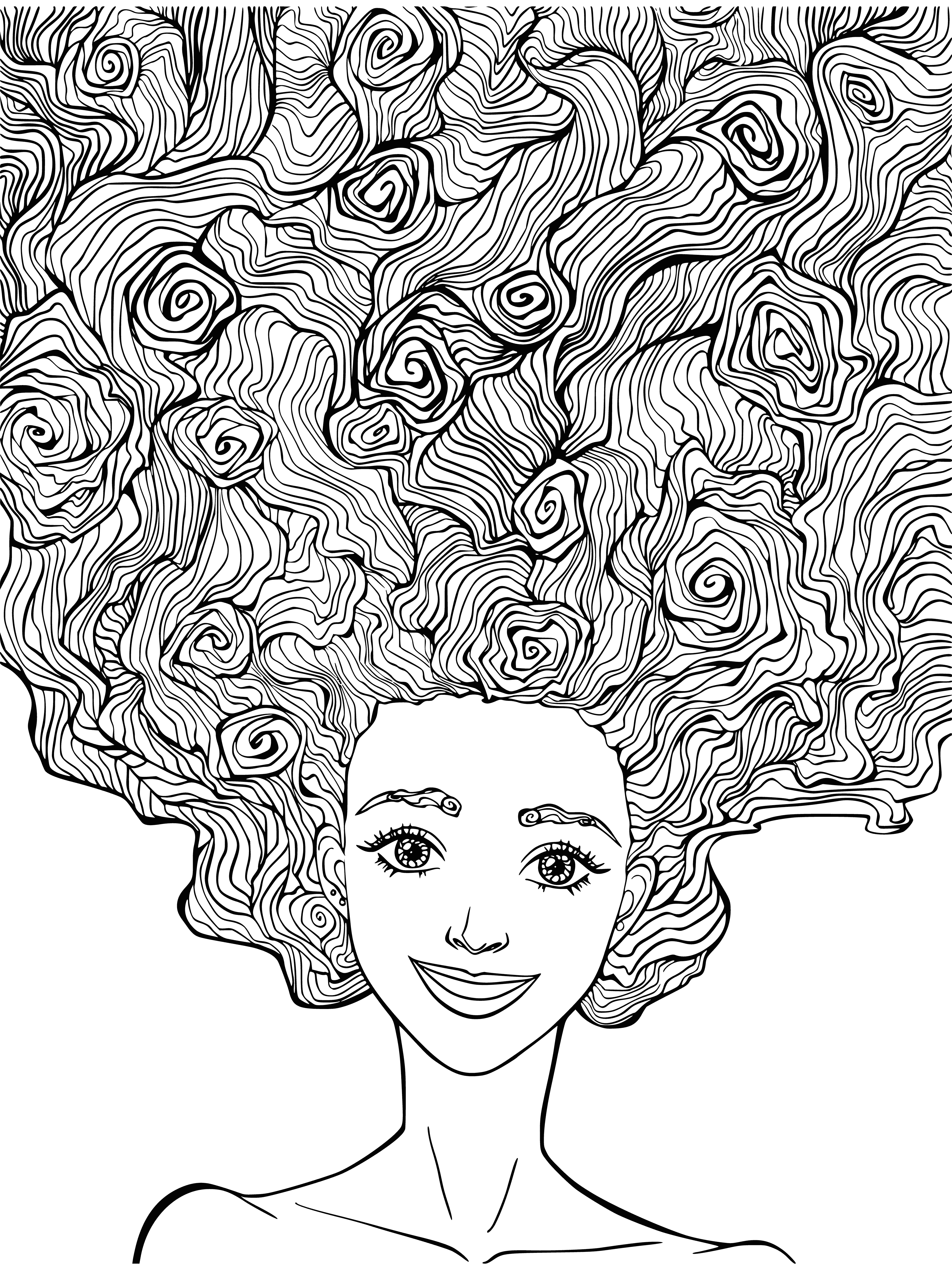 coloring page: Girl relaxes in nature, eyes closed, small smile - surrounded by intricate patterns and designs. #coloringbook