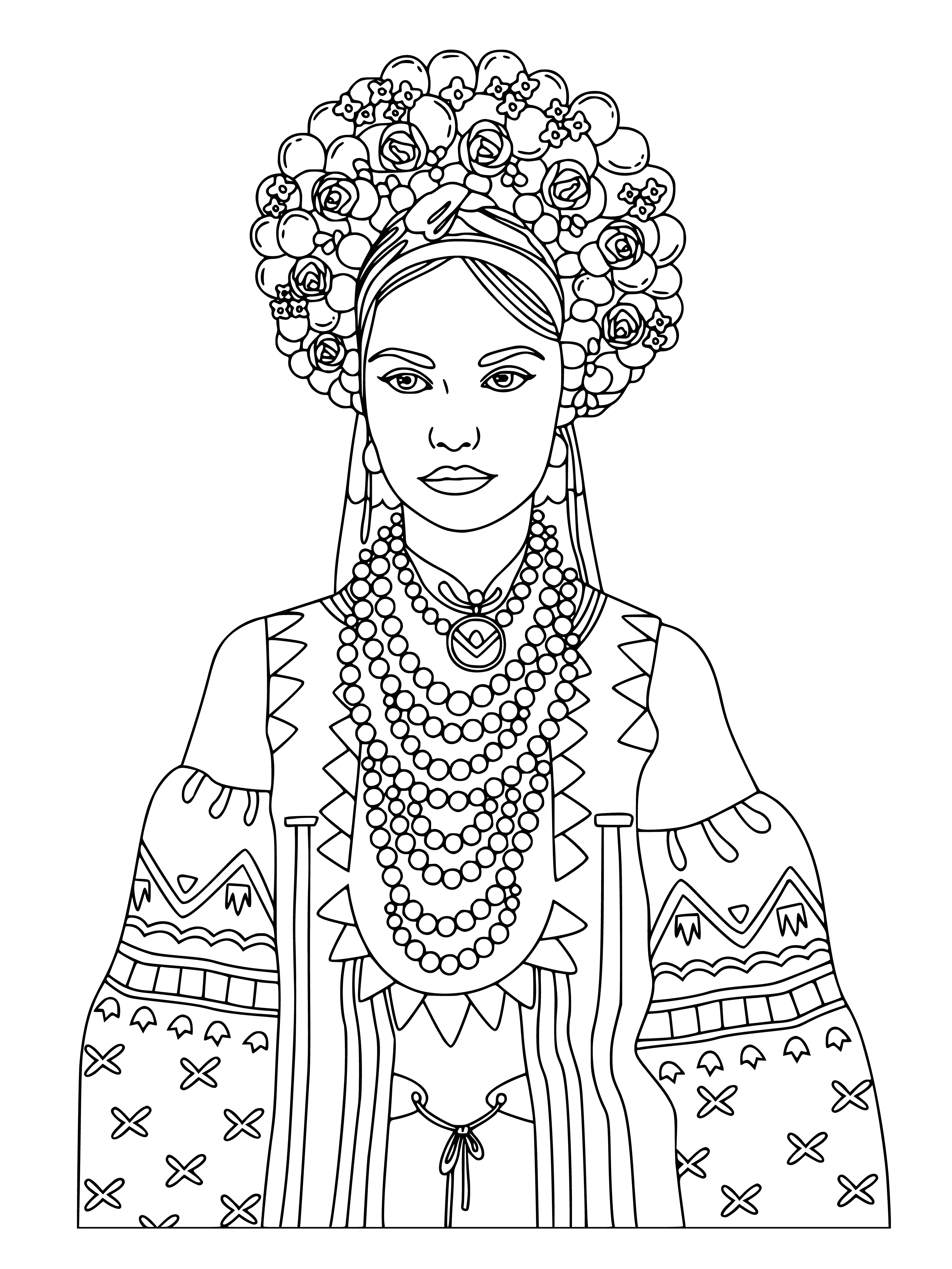 coloring page: Young woman happily colors in a book, her loyal cat curled in her lap while a cup of coffee awaits.