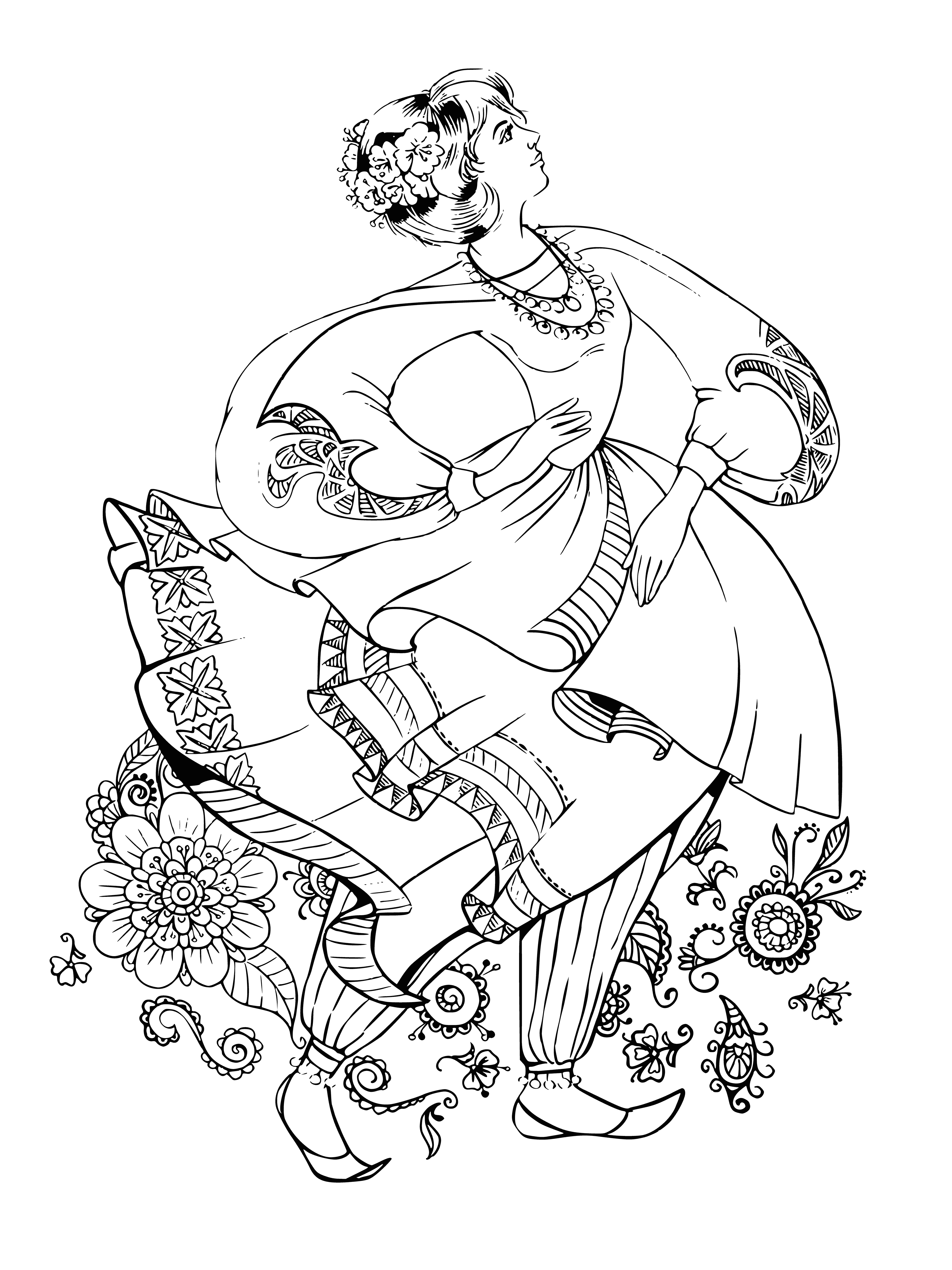 coloring page: Girl in trousers stands, arms crossed, looking off to the side.