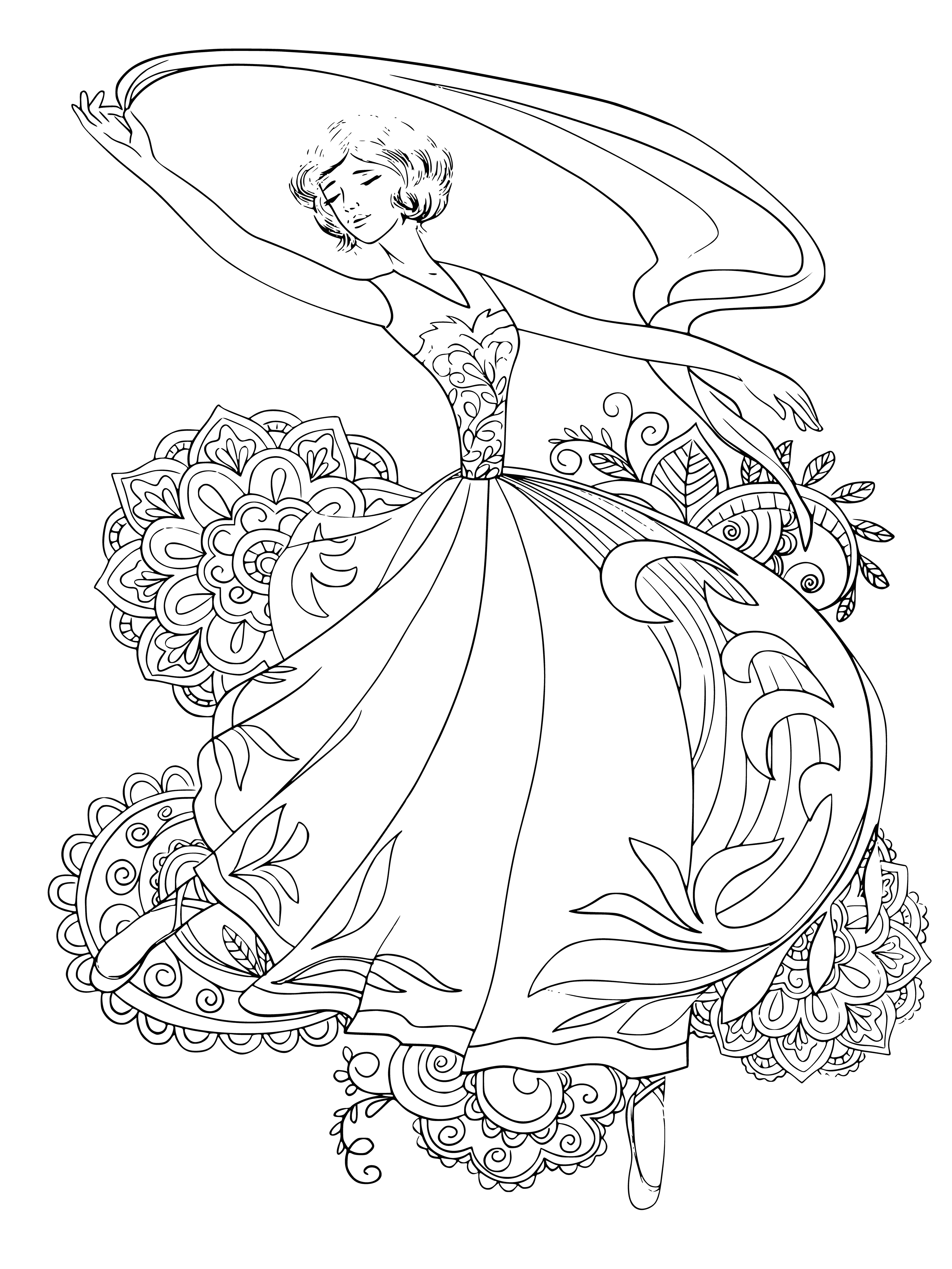 coloring page: Take a break and enjoy coloring a ballerina in a tutu, with one arm extended and leg raised, head tilted back, smiling.