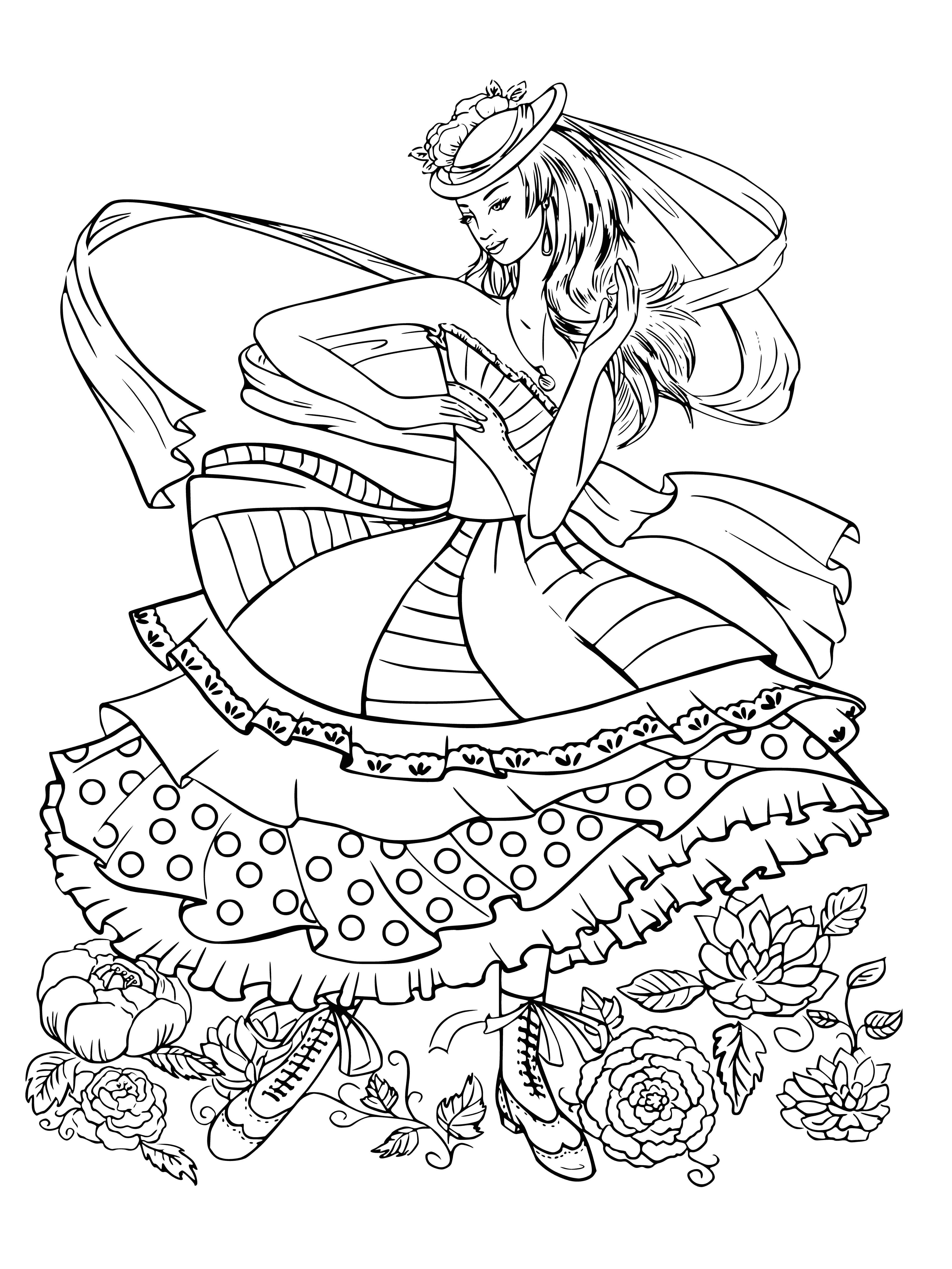 coloring page: Girl in a hat wearing a flower, carefree expression, hair blowing in the wind, background of swirls and geometric shapes. #adultcoloringpages