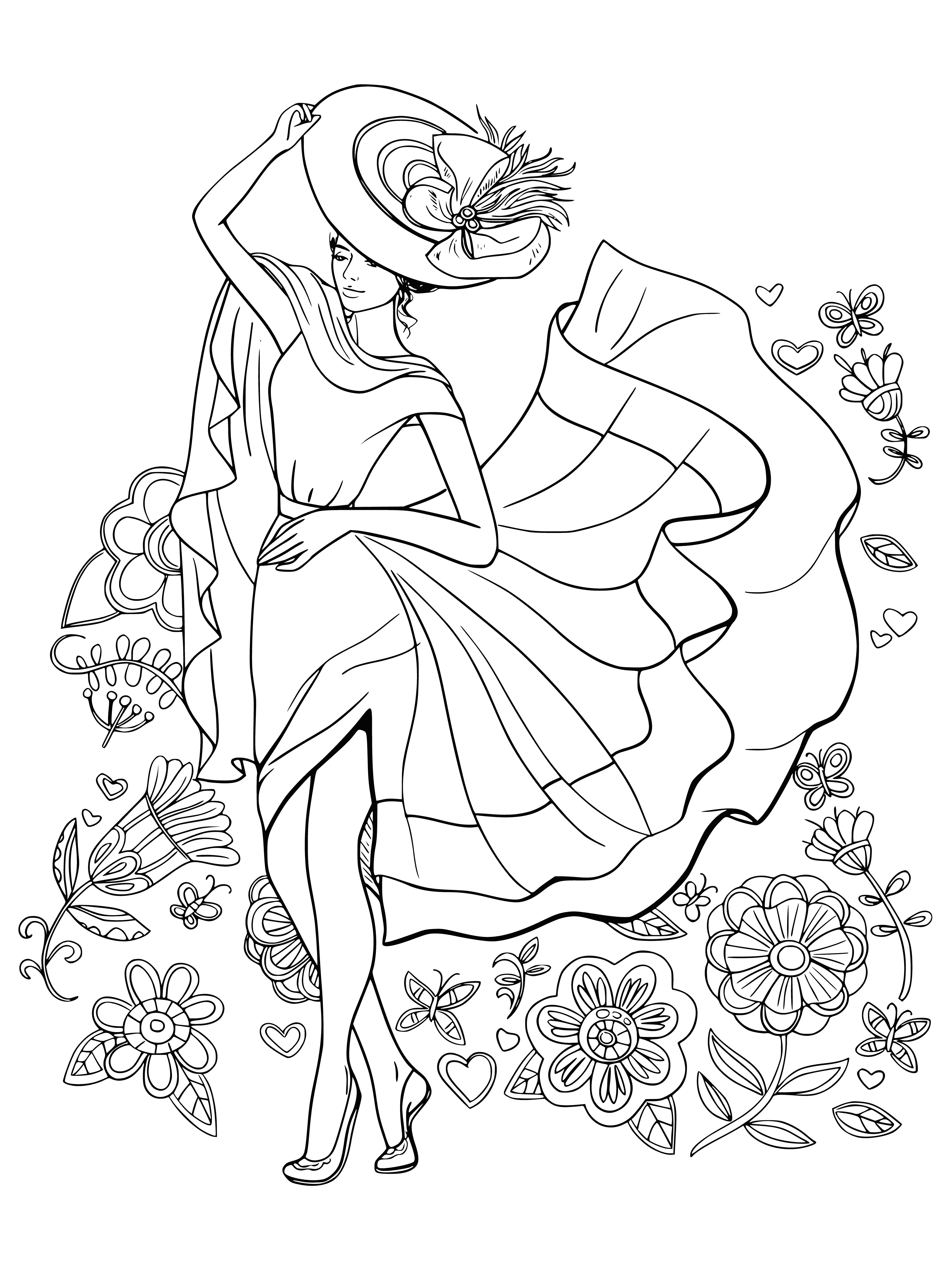 coloring page: Calm, serene drawing of woman in flowing dress w/ large brimmed hat; background of intricate flowers, vines & leaves - perfect for de-stressing.