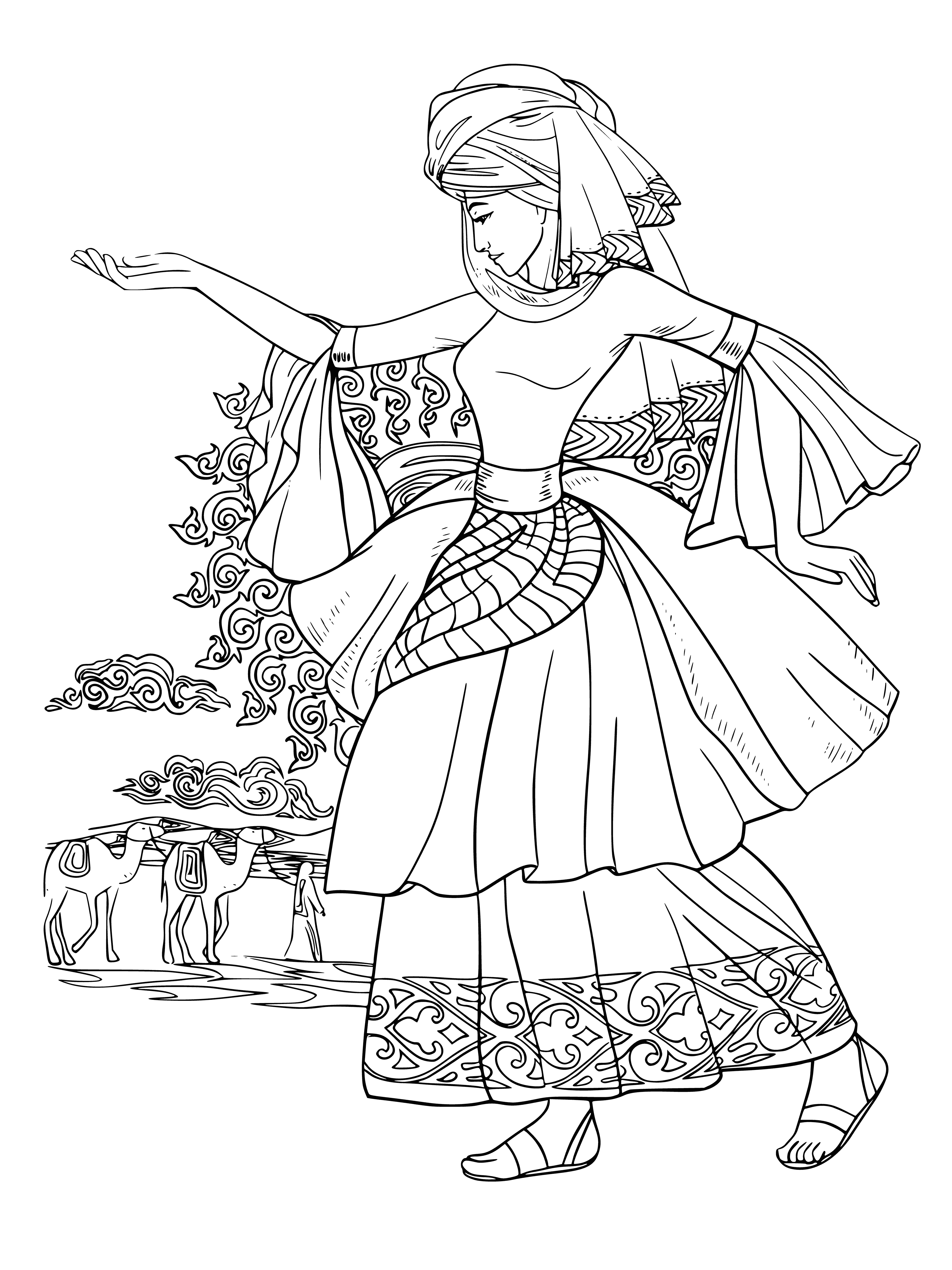 coloring page: Young women dance in a colorful circle, linking arms in a mesmerizing trance. Richly pigmented skin & colorful dress & headscarves in deep-blue background w/ gold & white patterns.