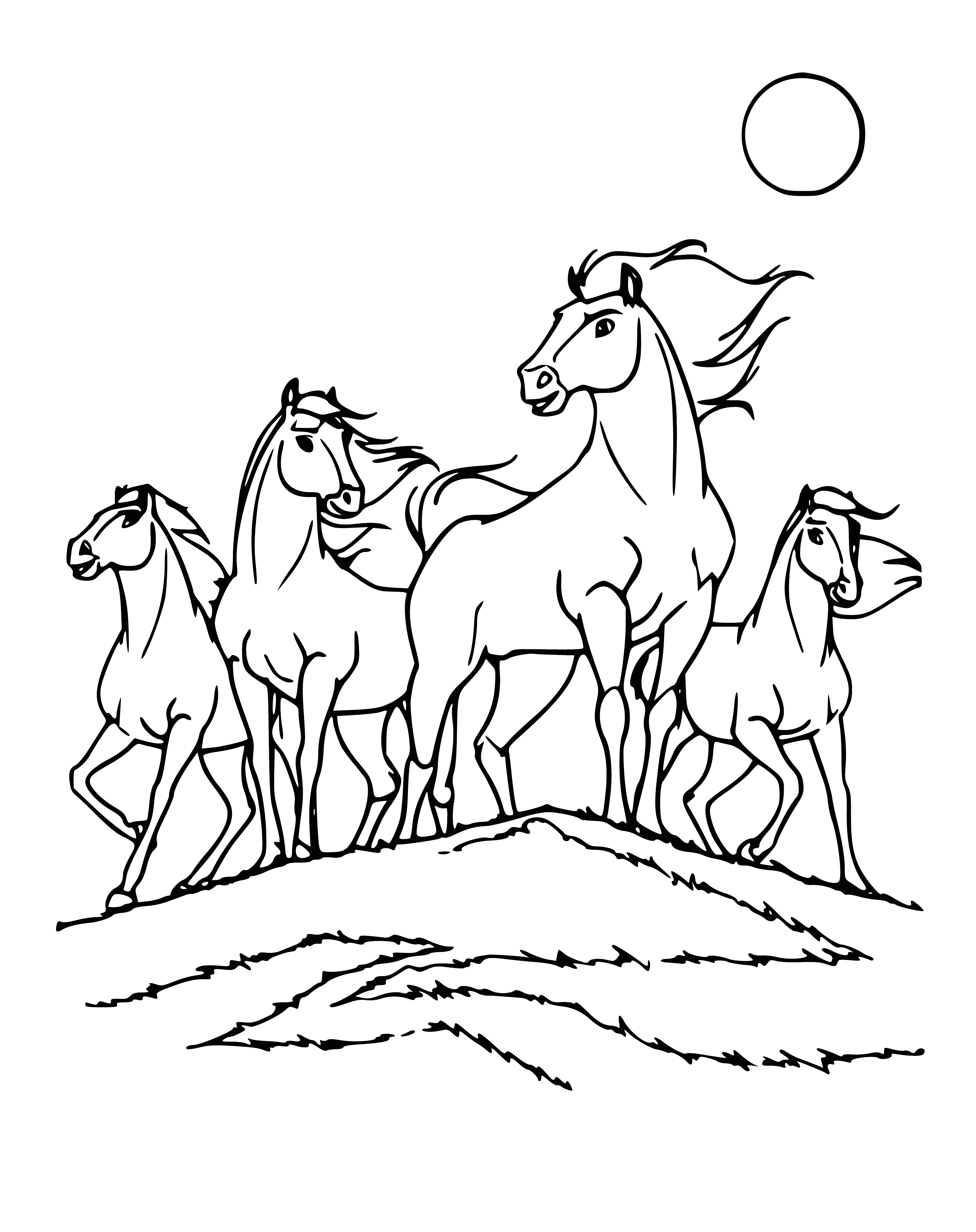 coloring page: A large horse with a dark brown coat stands amongst a group of smaller, multi-colored horses, all with wings. The bigger horse has its head held high and its wings spread, while the smaller horses stare up at it.