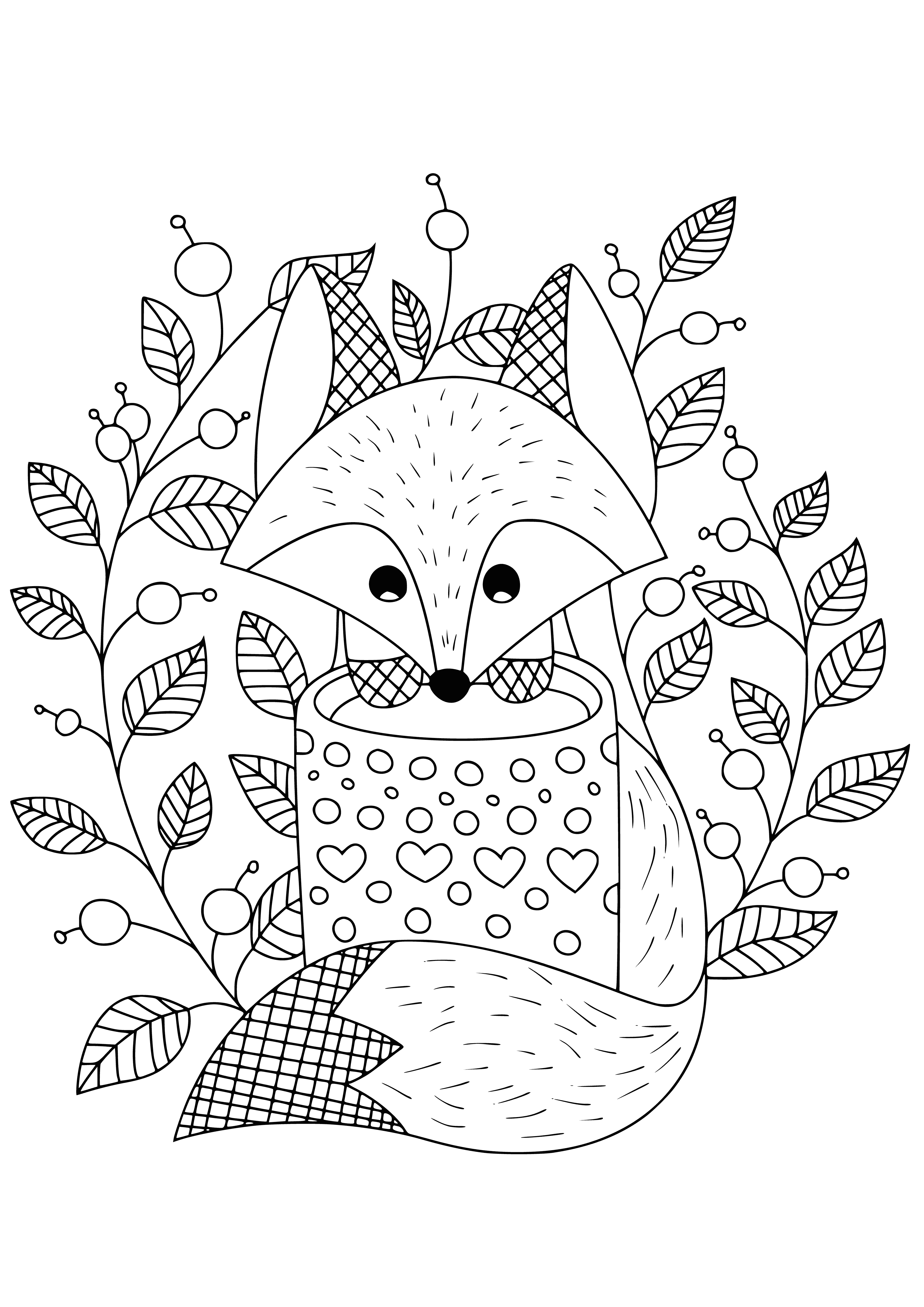 coloring page: A fox lies down with pointy ears and orange & white fur - its belly is white & it has a bushy tail. #coloringpage
