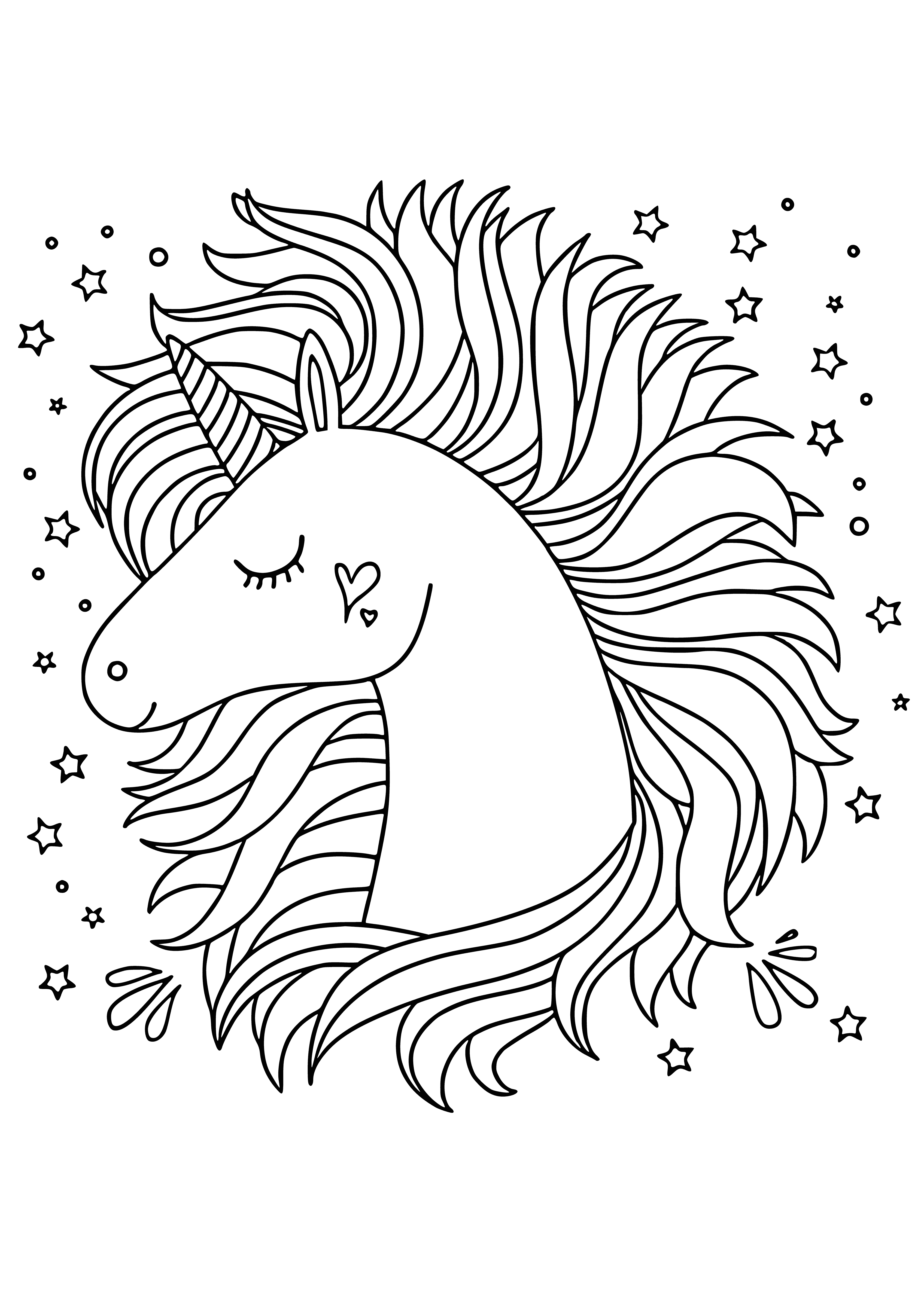 coloring page: White unicorn with blue mane & tail, gold horn & glittery wings, surrounded by stars, hearts & flowers. #AdultColoringPages #AntistressUnicorns