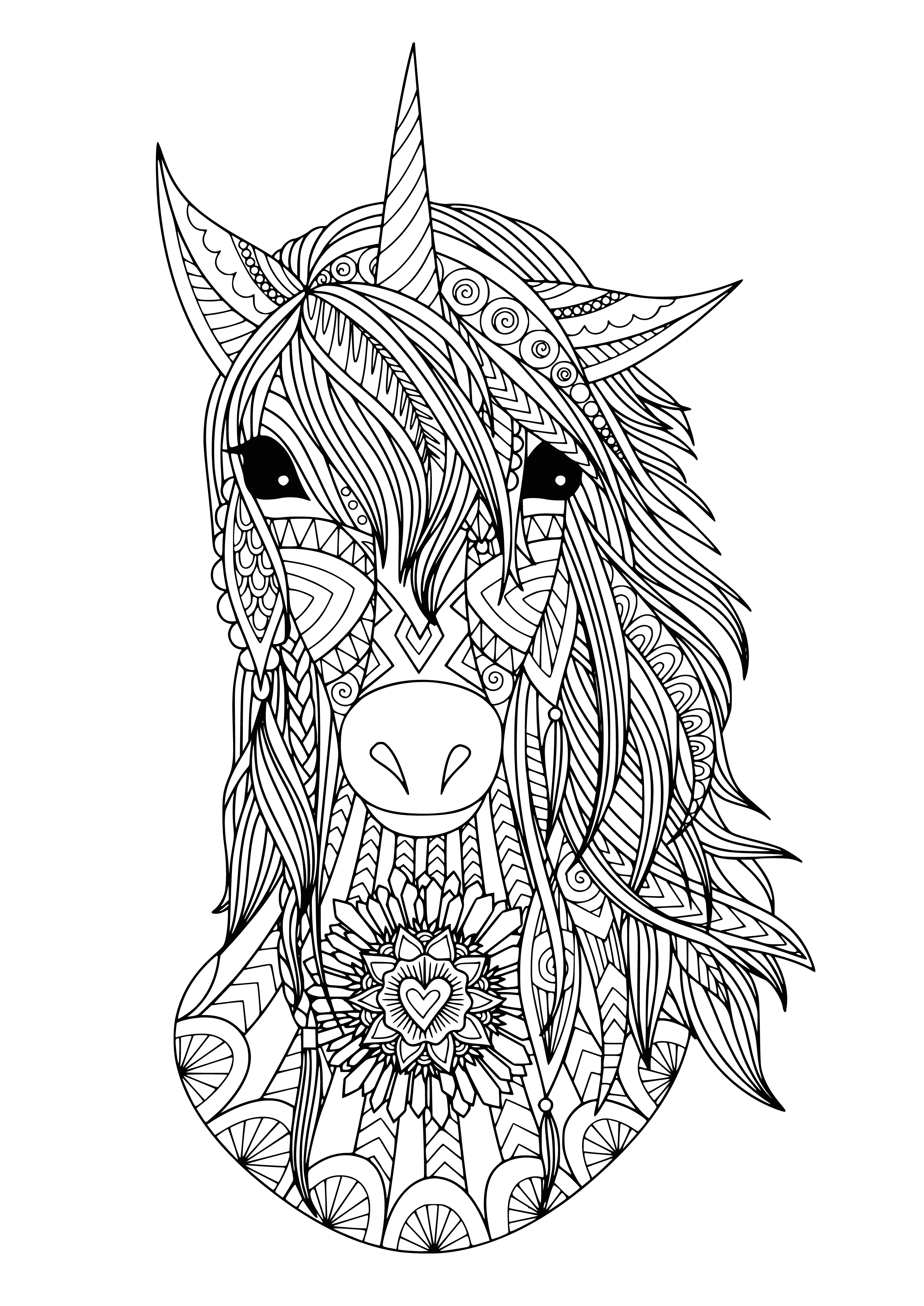 coloring page: Unicorn in a peaceful field, surrounded by flowers - perfect for relaxation & de-stressing!