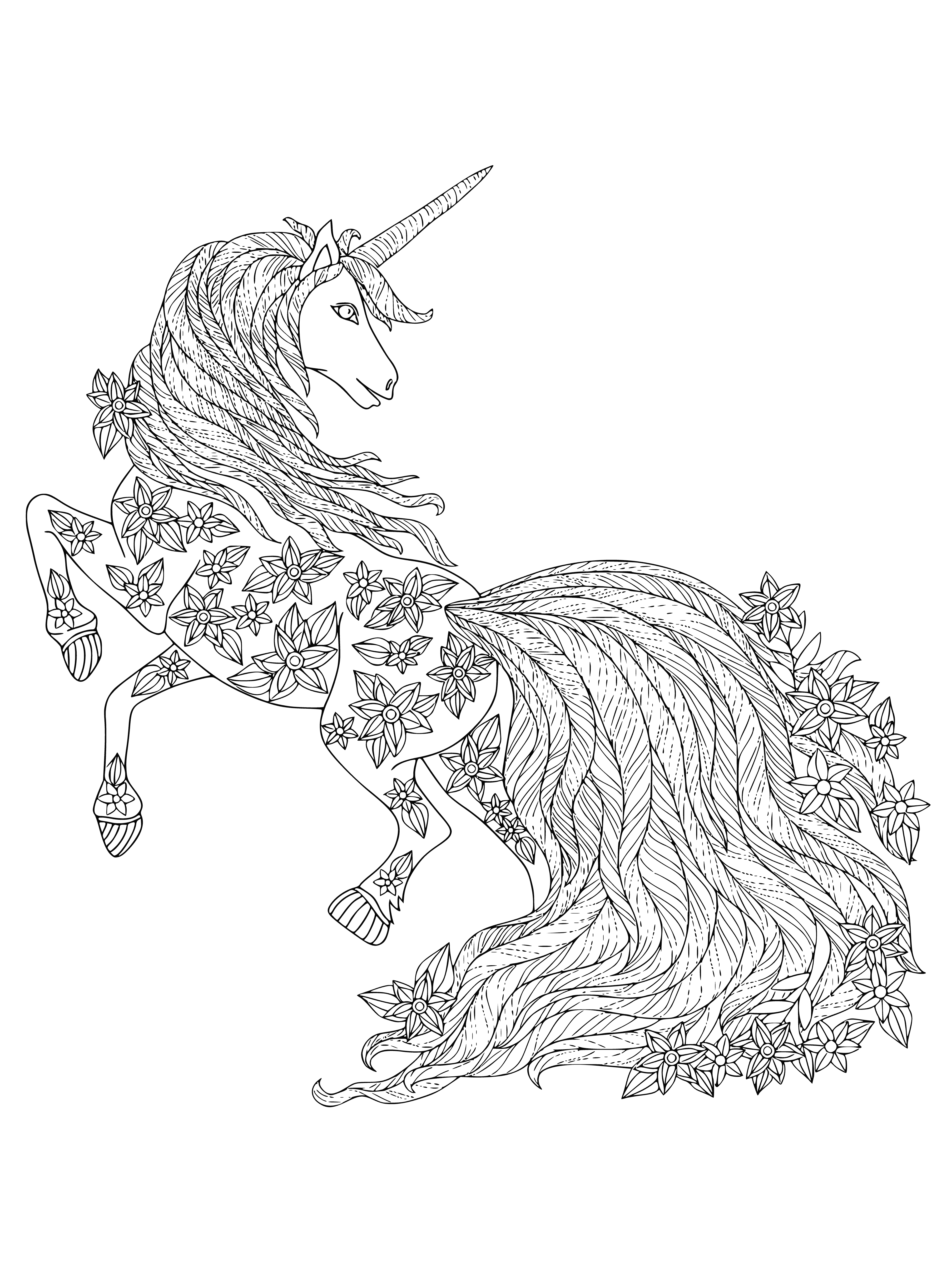 coloring page: Beautiful detailed unicorn stands in a grassy field with flowers, long purple mane & tail & a bright horn. Perfect for anyone who loves unicorns & wants a calming coloring page.